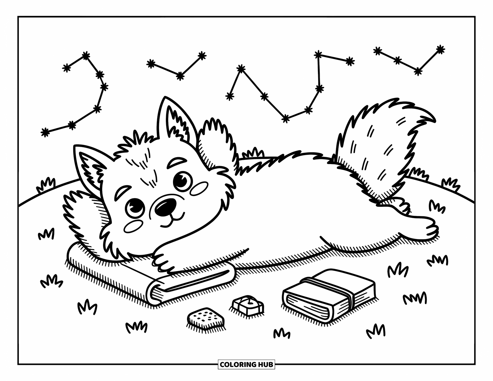 Werewolf Coloring Page for Adults: Werewolf rests with a journal and snack beneath a star-filled night sky