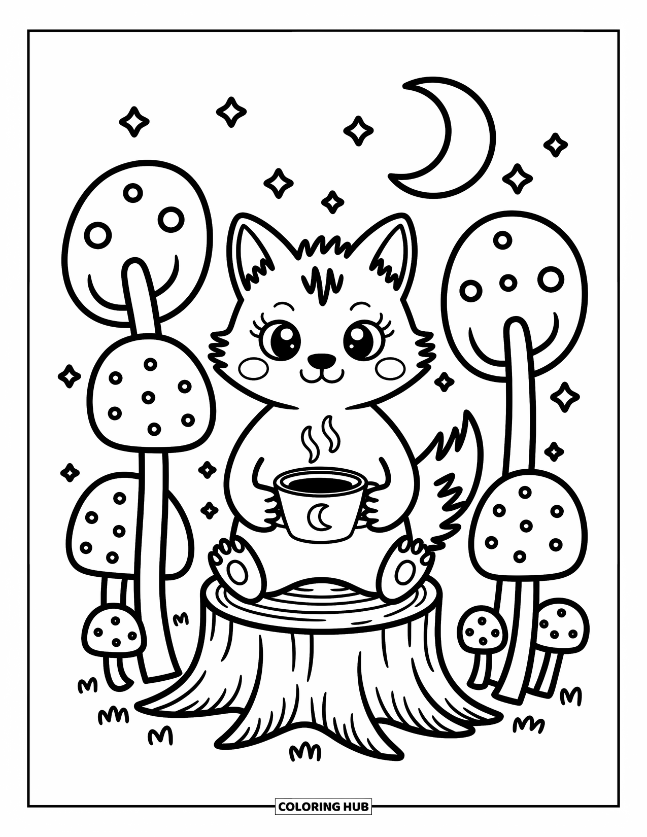 Werewolf Coloring Page for Adults: Werewolf with soft fur sips from a cup surrounded by mushrooms and moon glow