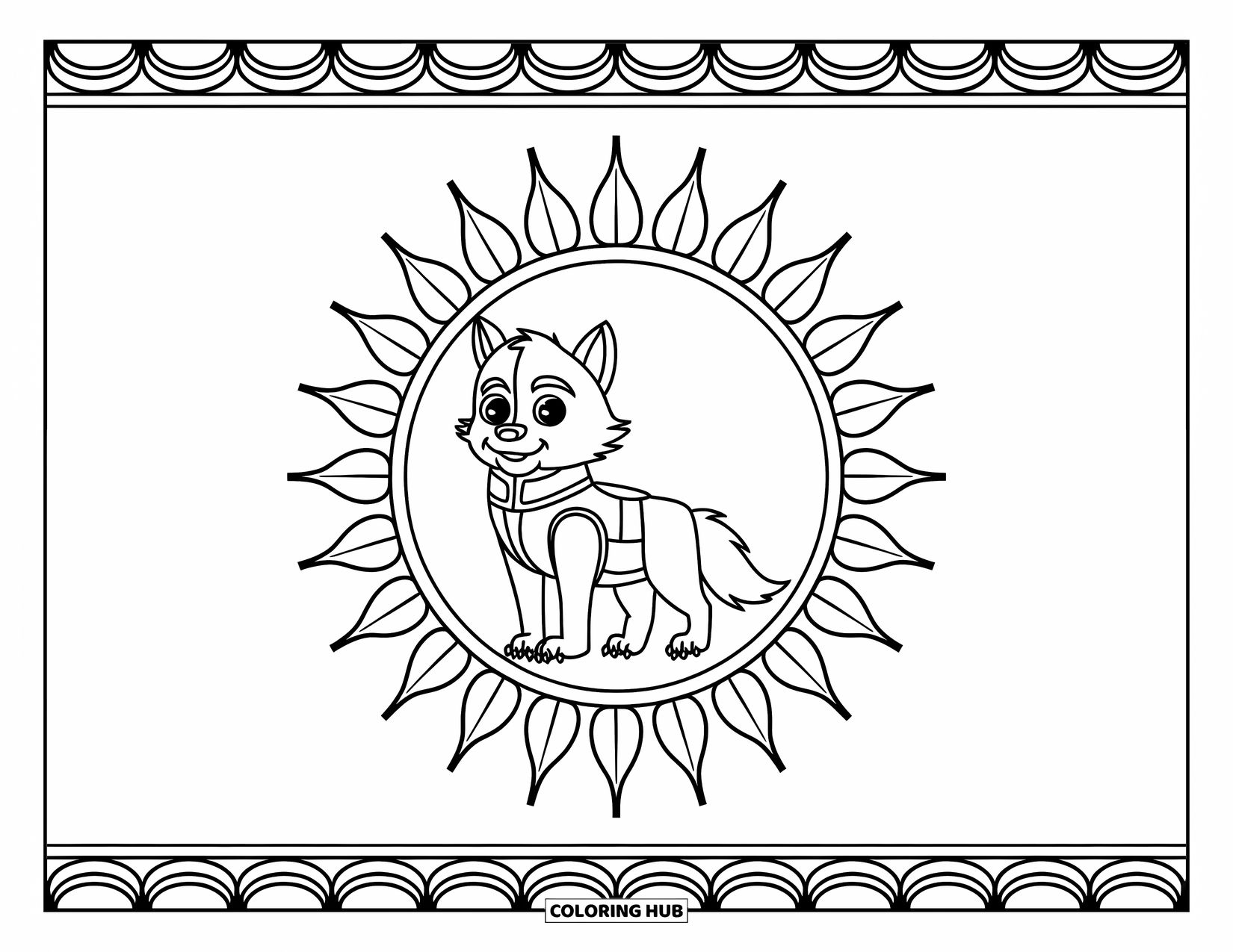 Werewolf Coloring Page for Adults: Werewolf with vest smiles inside a mandala sun framed by leaves and a border