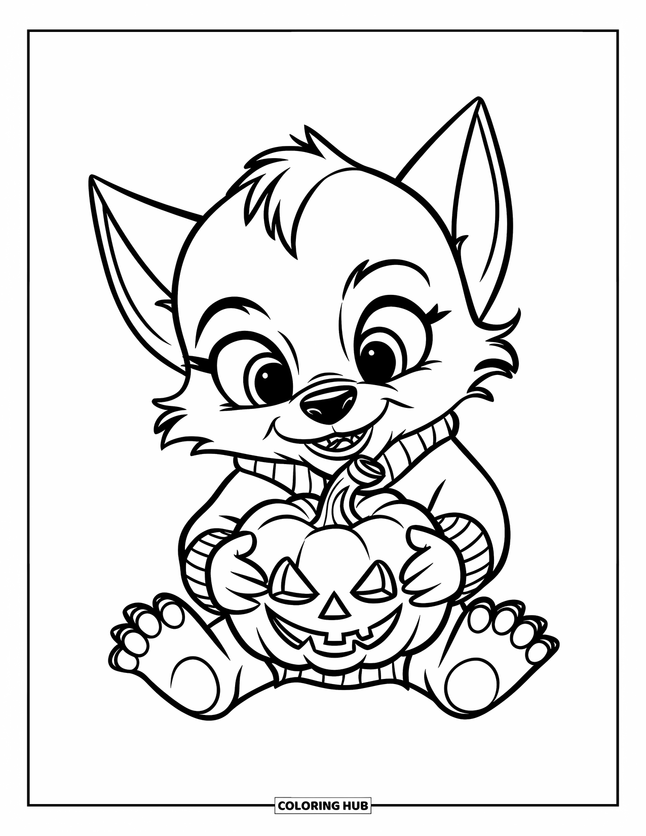 Werewolf Coloring Page for Kids: Baby werewolf holds a tiny pumpkin with a big grin and sharp teeth