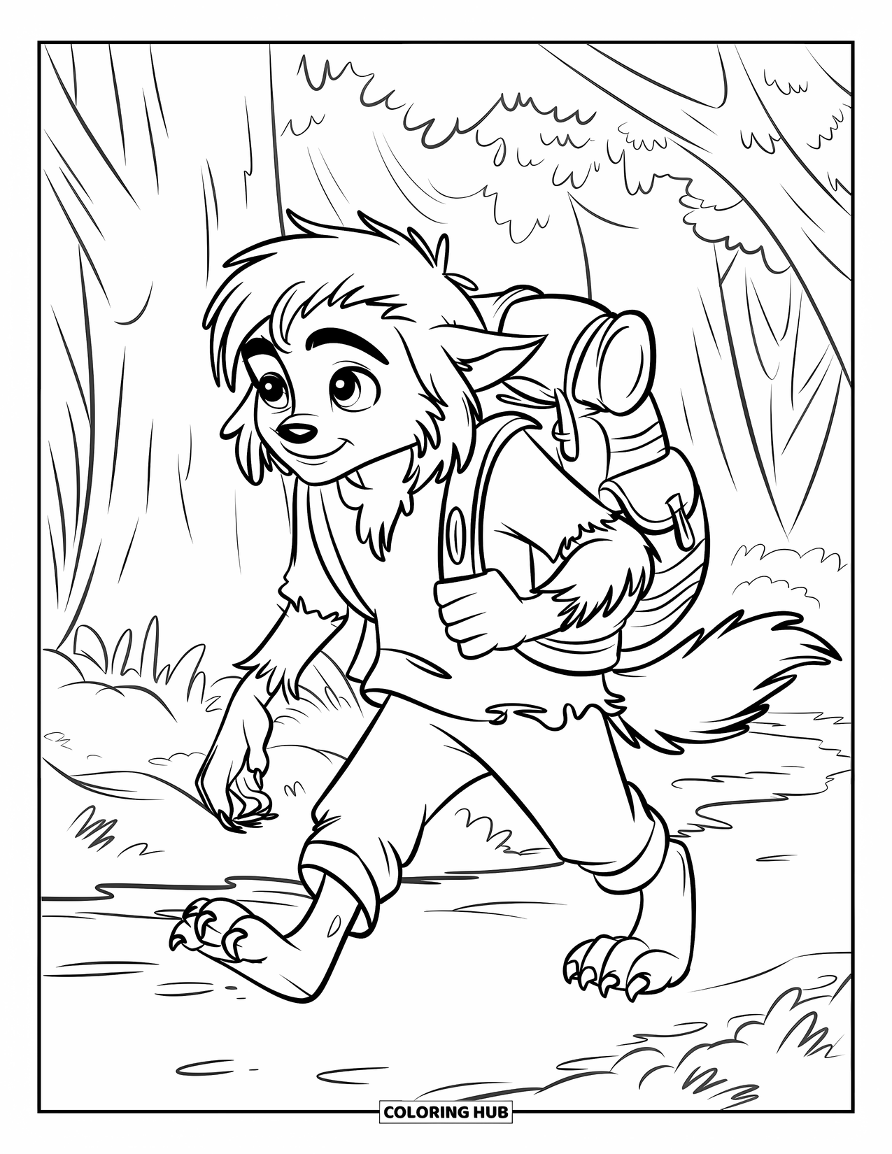 Werewolf Coloring Page for Kids: Backpacked werewolf walks a forest trail in tattered clothes and messy hair