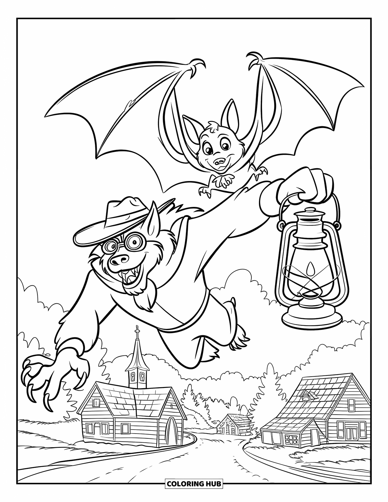 Werewolf Coloring Page for Kids: Bat with a lantern joins a flying werewolf over a village with a steeple