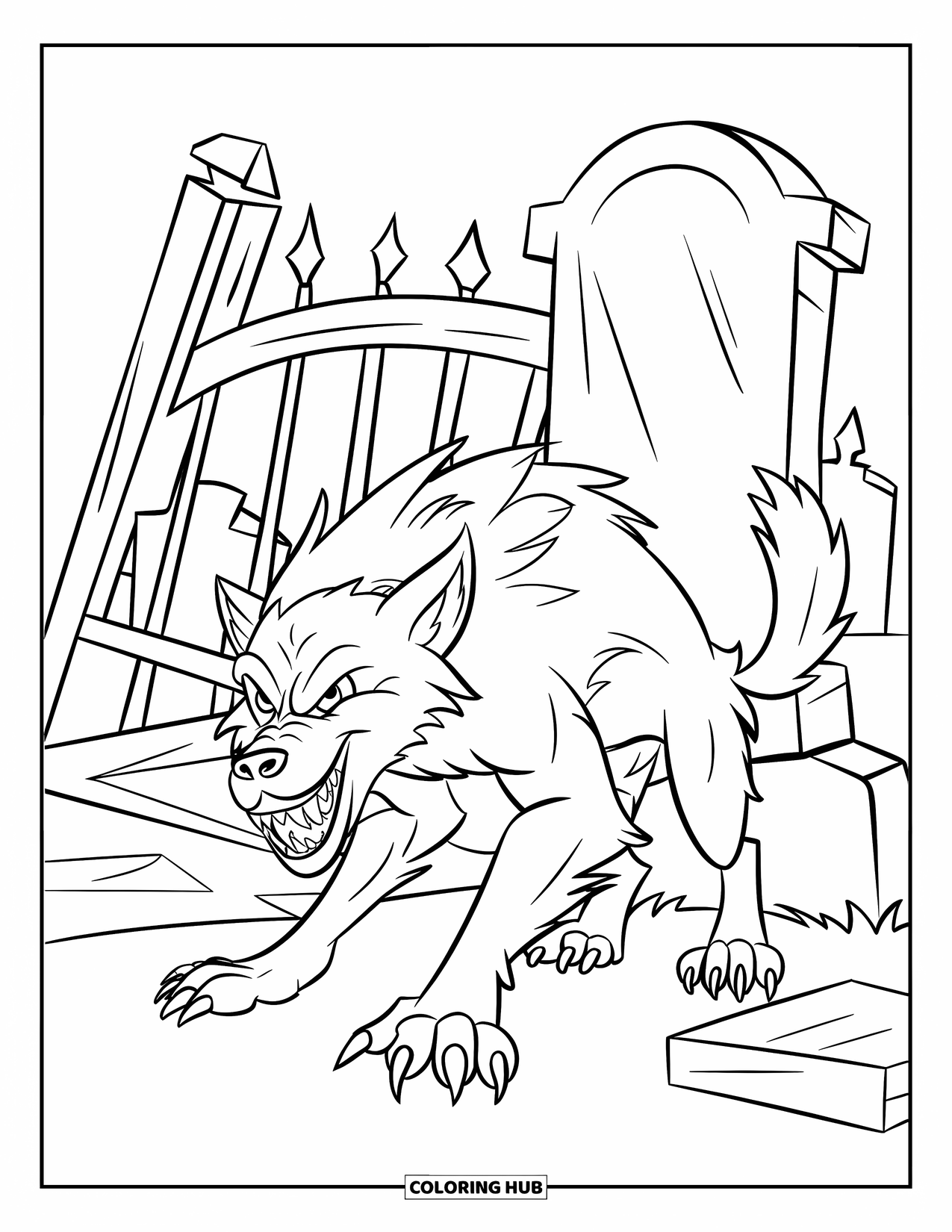 Werewolf Coloring Page for Kids: Battle-worn werewolf snarls beside broken gates and crooked tombstones