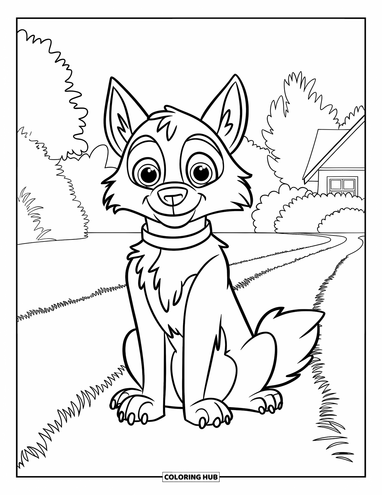 Werewolf Coloring Page for Kids: Big-eyed werewolf rests calmly on grass near a tree and small house