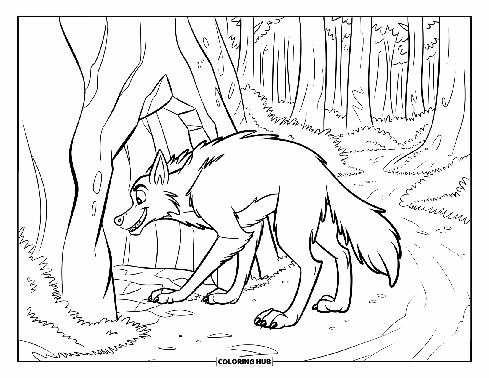 Werewolf Coloring Page for Kids: Bushy-tailed werewolf leans into a small cave on a forest trail