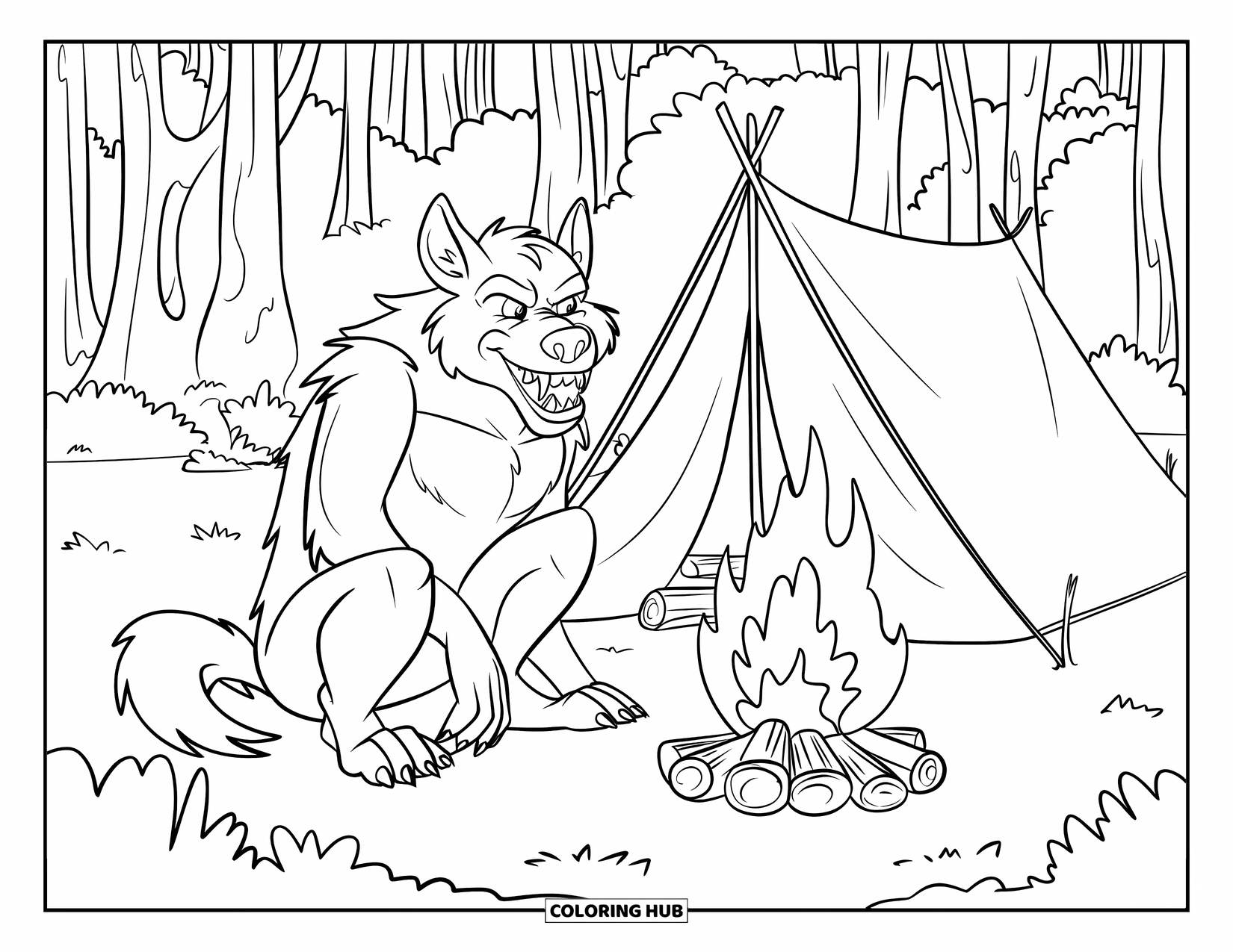 Werewolf Coloring Page for Kids: Camping werewolf warms by a fire beside a small tent in the woods