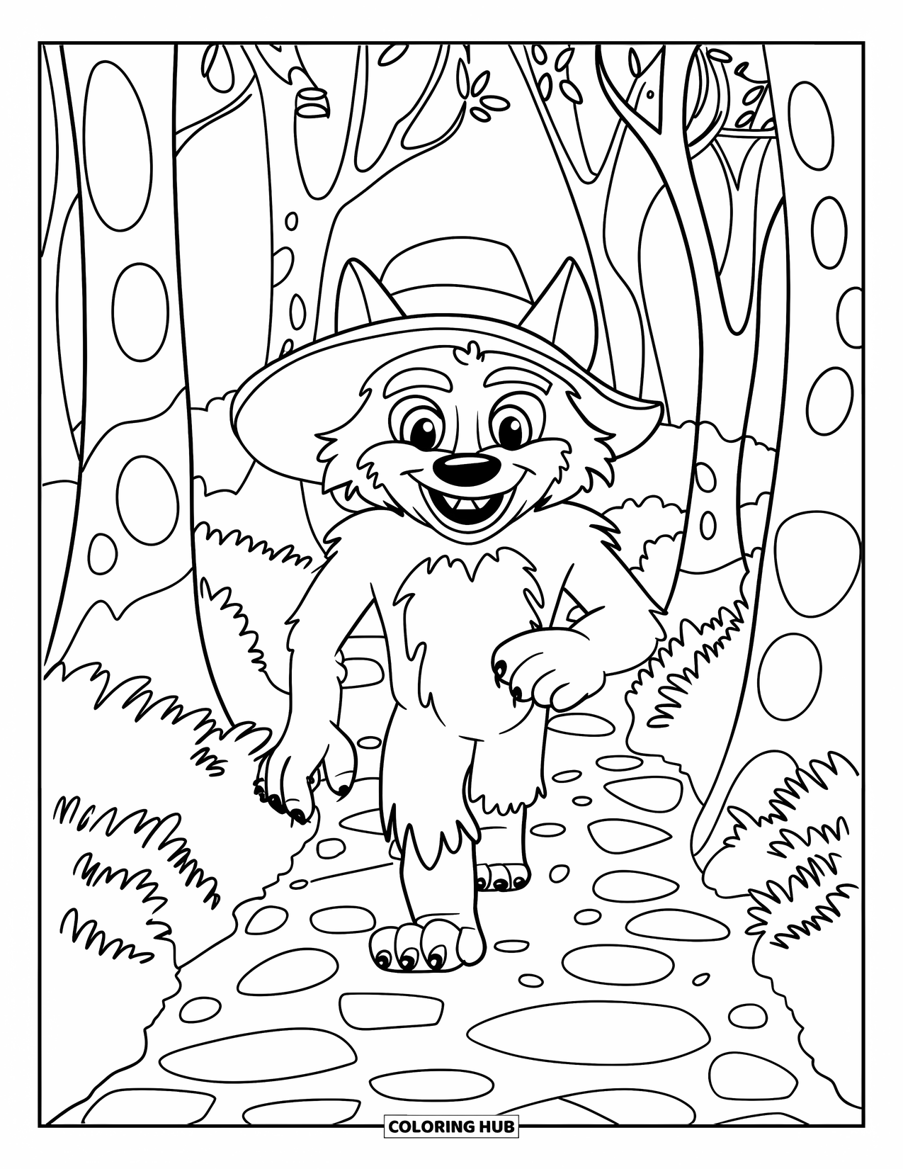 Werewolf Coloring Page for Kids: Cheerful werewolf in a green hat walks through a forest with round trees