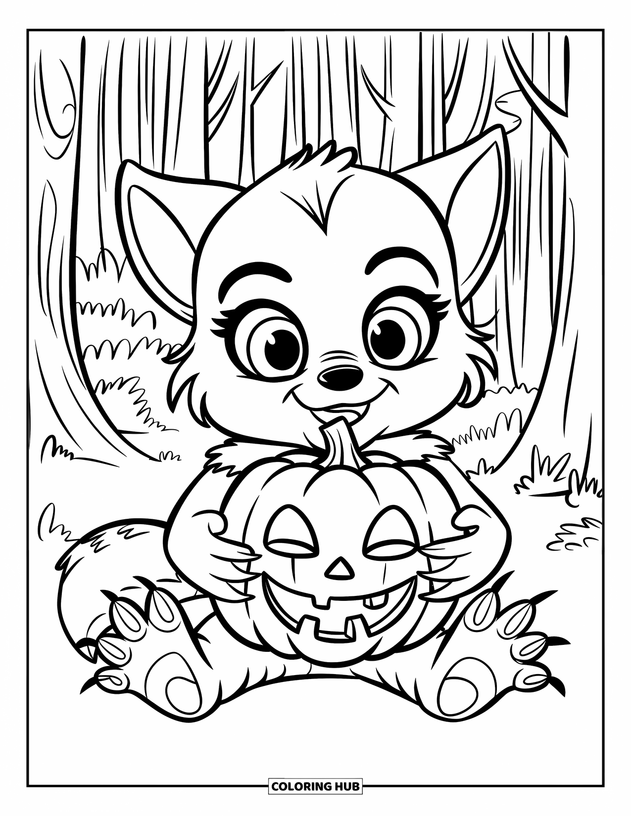 Werewolf Coloring Page for Kids: Cute werewolf clutches a tiny pumpkin under tall trees