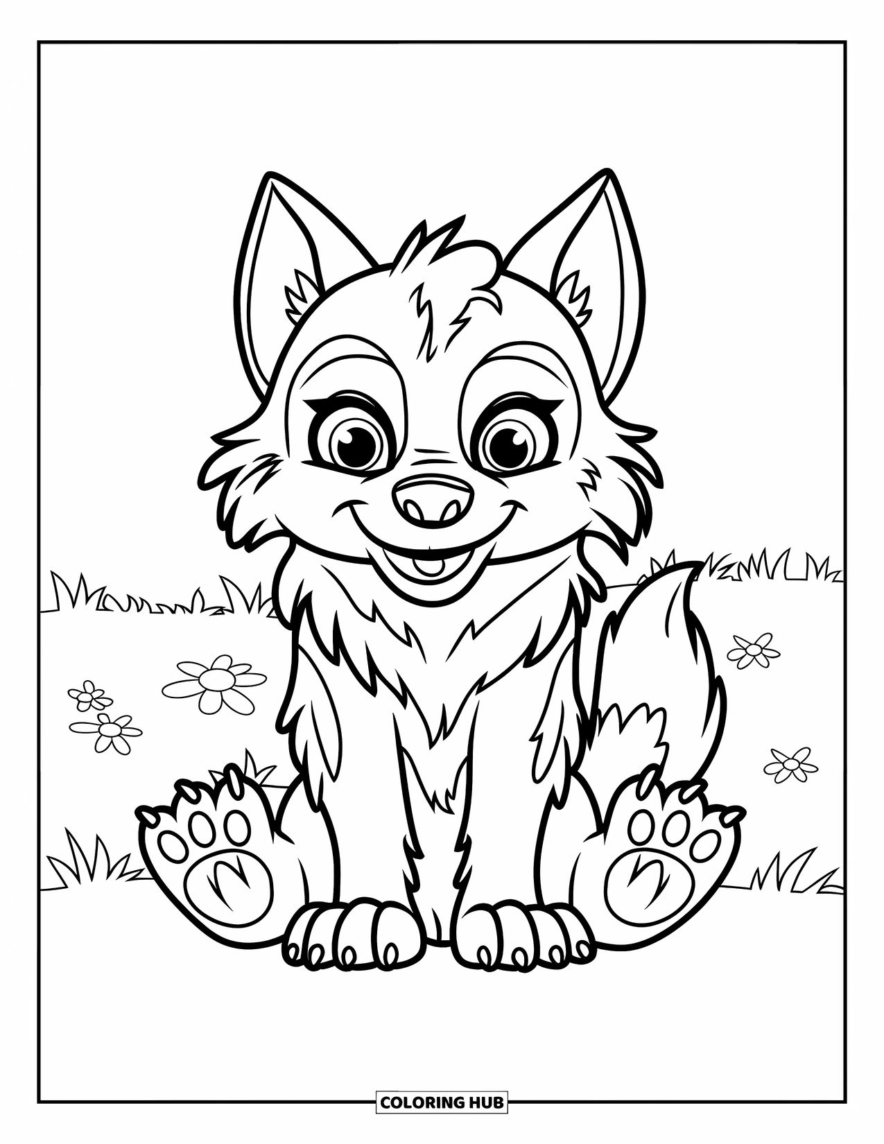 Werewolf Coloring Page for Kids: Cute werewolf with big paws sits calmly in a grassy field
