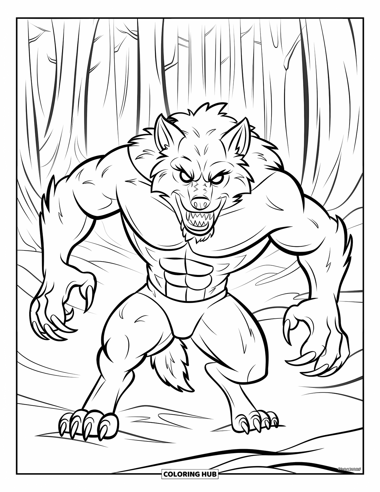Werewolf Coloring Page for Kids: Fierce werewolf tears through the misty forest, eyes glowing in the dark