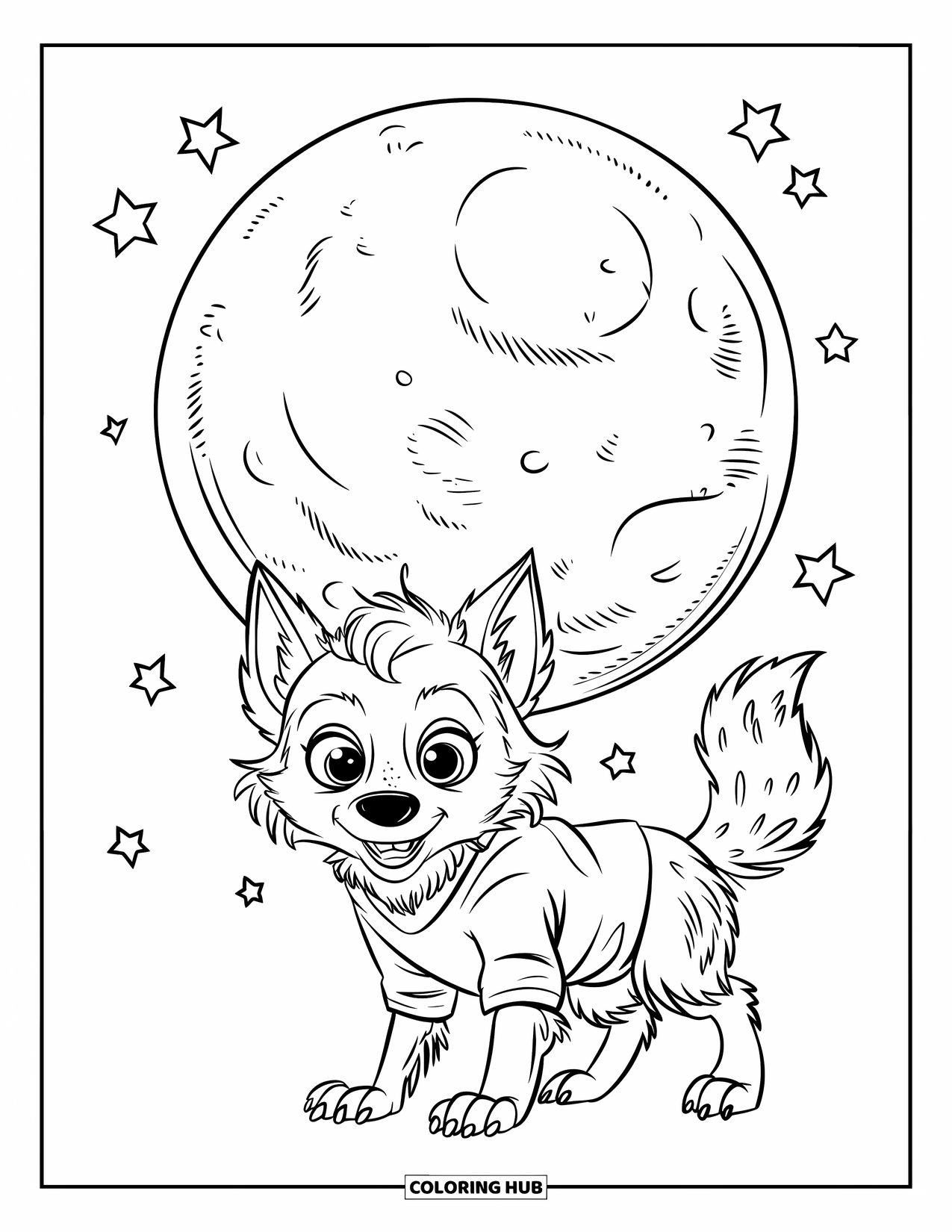 Werewolf Coloring Page for Kids: Fluffy-eared werewolf stands proudly under a big moon and sparkling stars