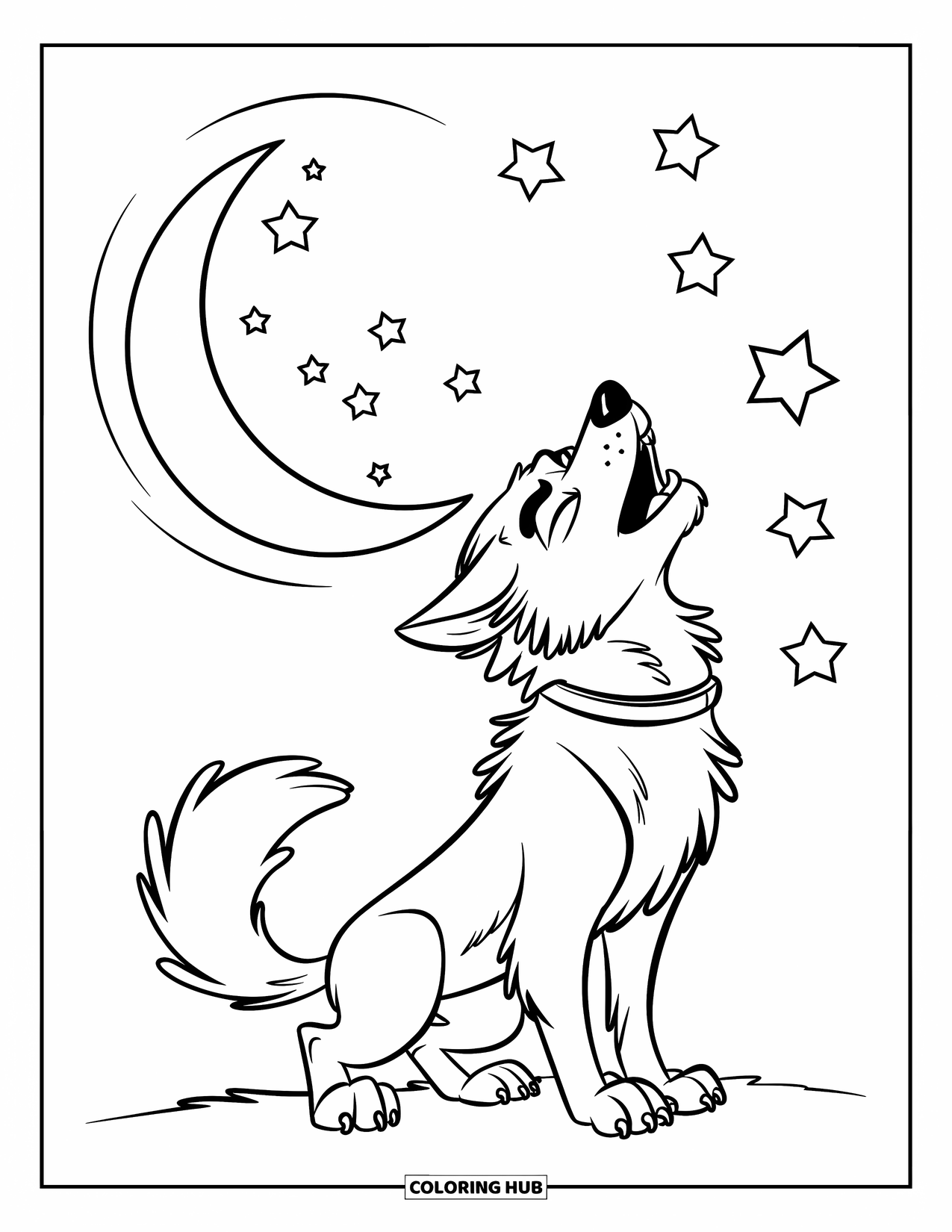 Werewolf Coloring Page for Kids: Fluffy-tailed werewolf howls under a night sky filled with playful stars