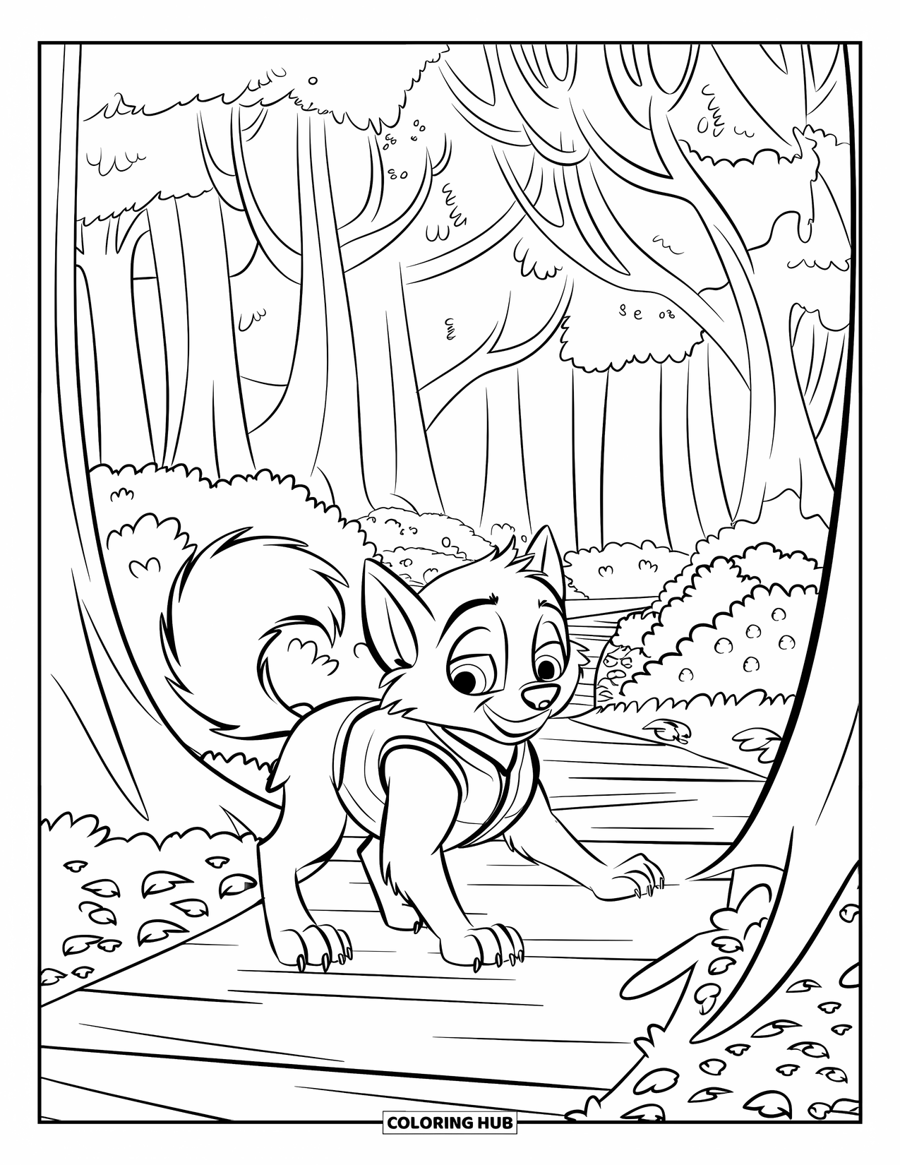 Werewolf Coloring Page for Kids: Fluffy-tailed werewolf walks a leafy path under tall forest trees
