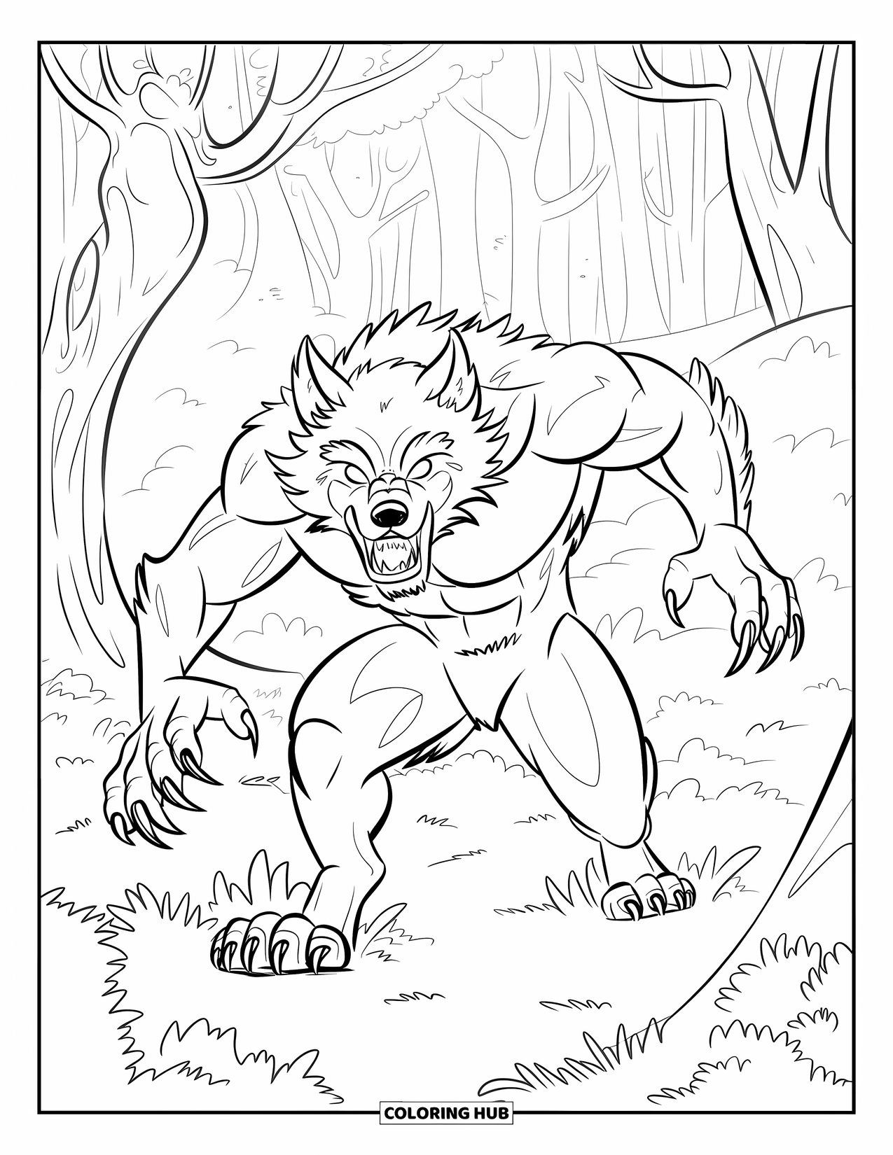Werewolf Coloring Page for Kids: Glowing-eyed werewolf storms through a foggy forest filled with broken branches