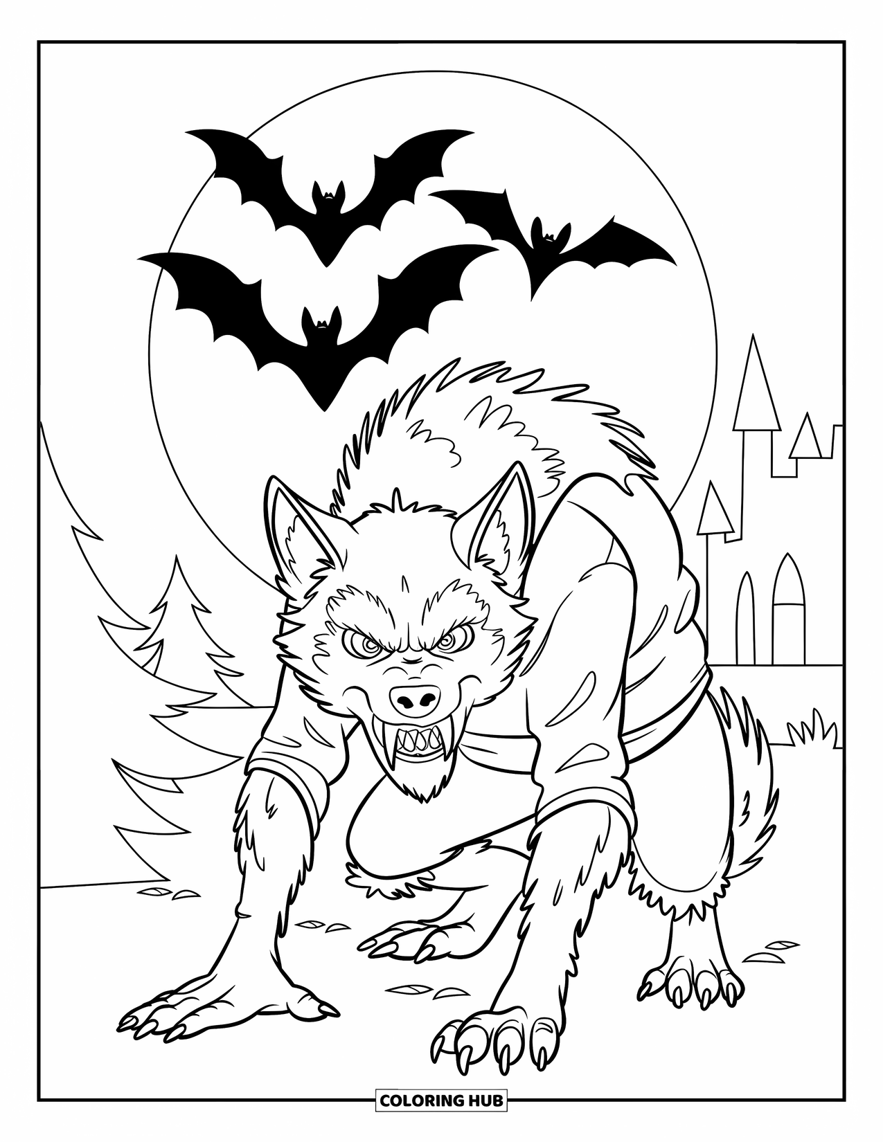 Werewolf Coloring Page for Kids: Hairy werewolf crouches in a forest clearing beneath a glowing moon and flying bats