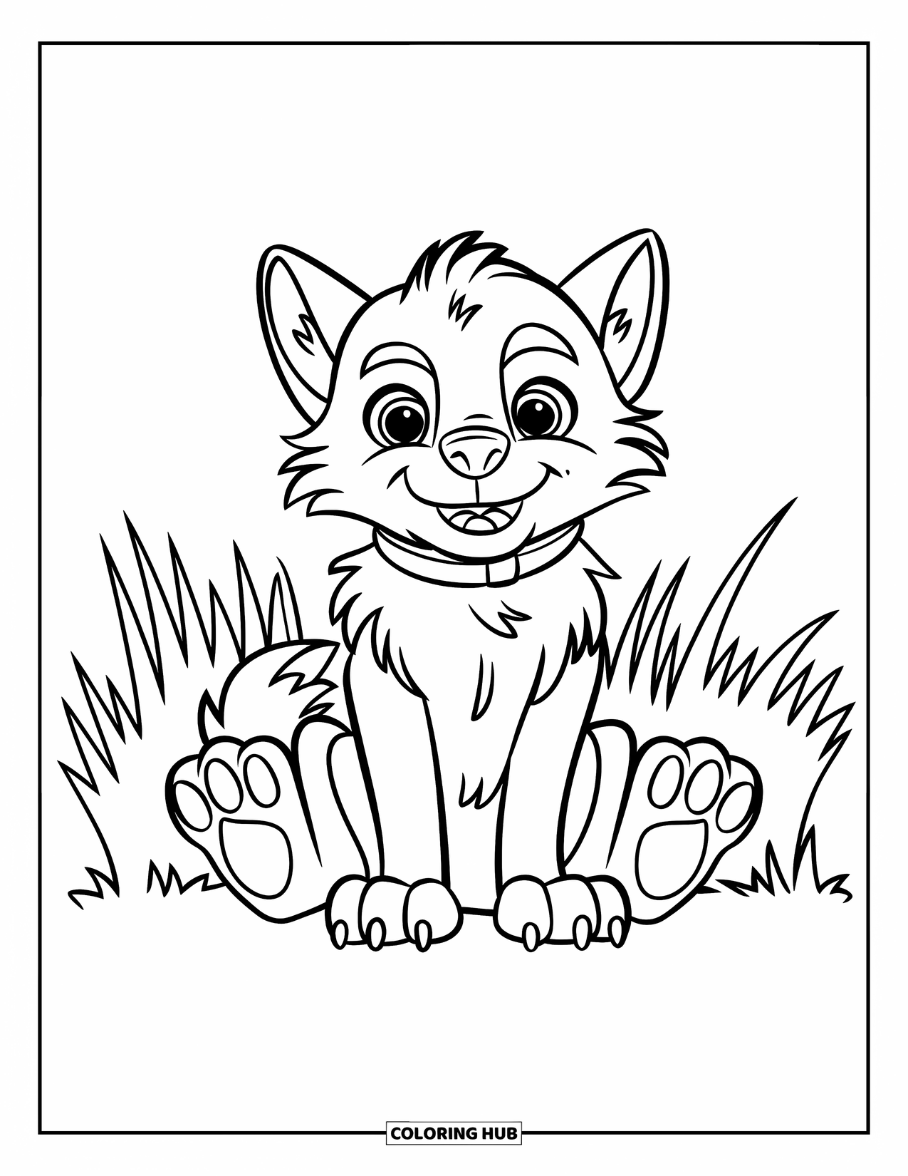 Werewolf Coloring Page for Kids: Happy werewolf with big paws sits on clean grass wearing a playful collar