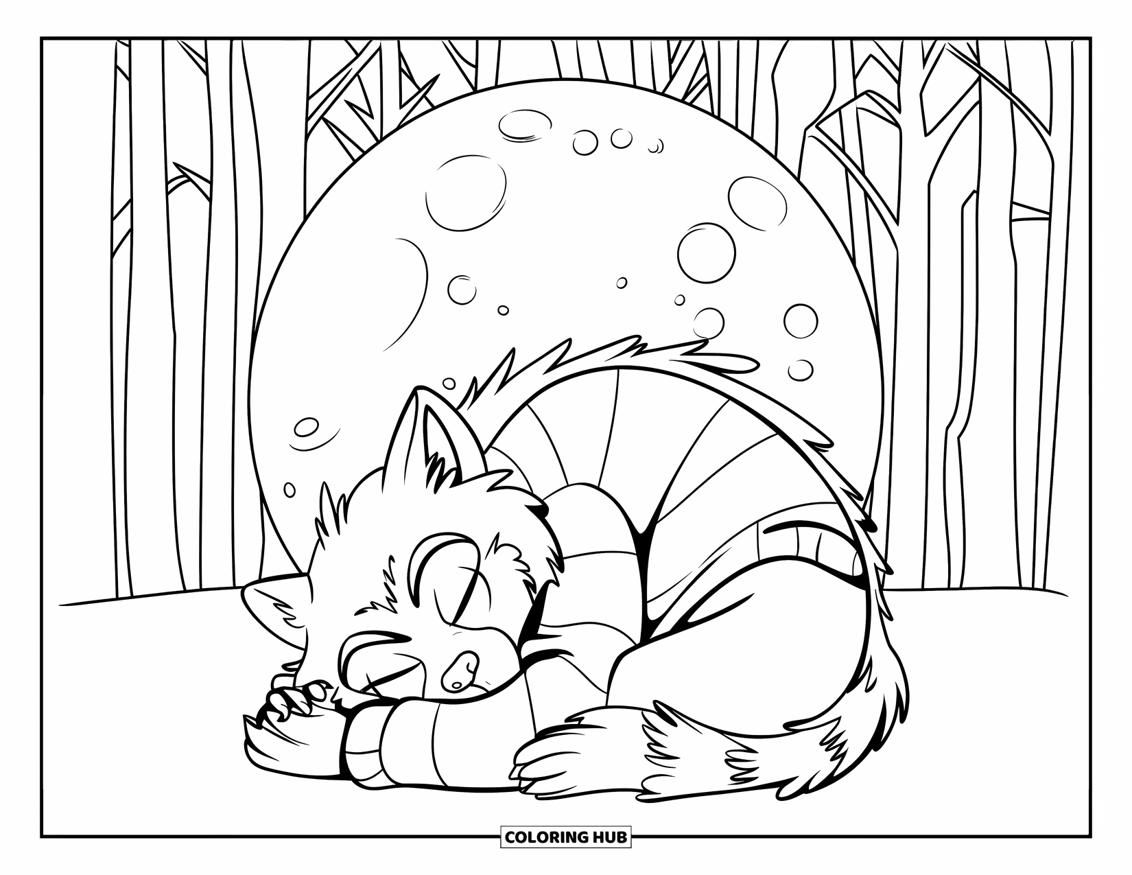 Werewolf Coloring Page for Kids: Little werewolf naps beneath a full moon in a peaceful forest