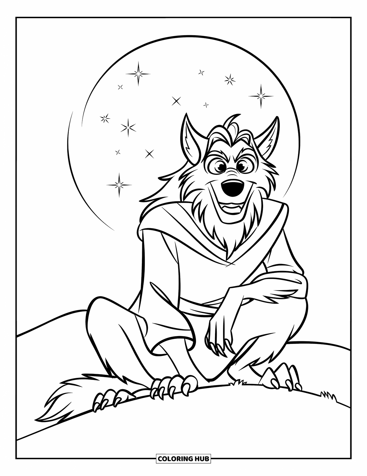 Werewolf Coloring Page for Kids: Long-haired werewolf sits quietly on a moonlit hill