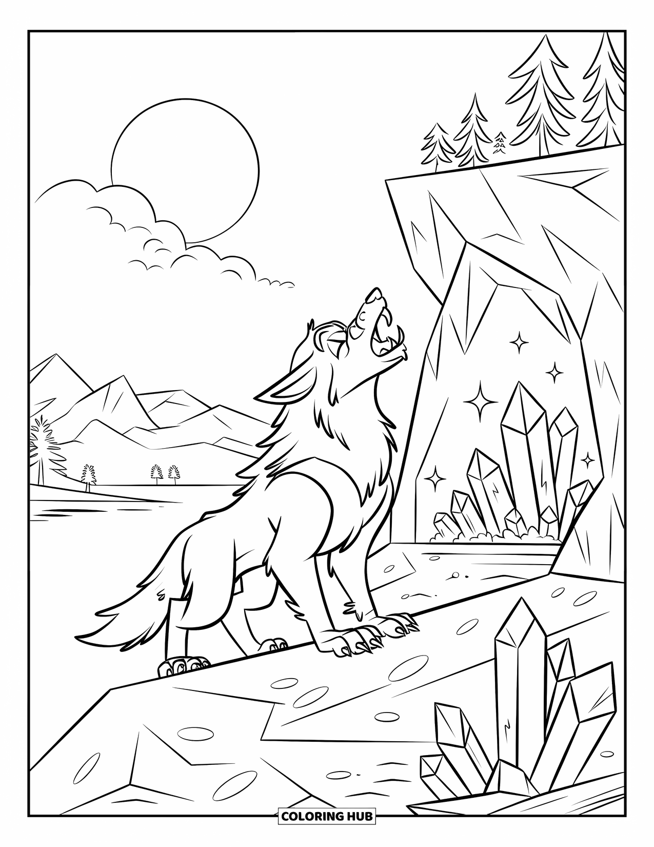 Werewolf Coloring Page for Kids: Magical werewolf stands near a crystal cave under a moonlit mountain sky