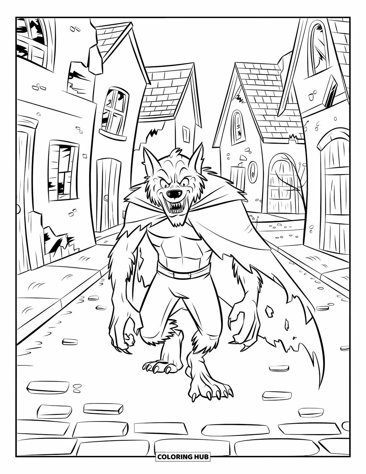 Werewolf Coloring Page for Kids: Menacing werewolf roams a dark village street with broken windows and fog
