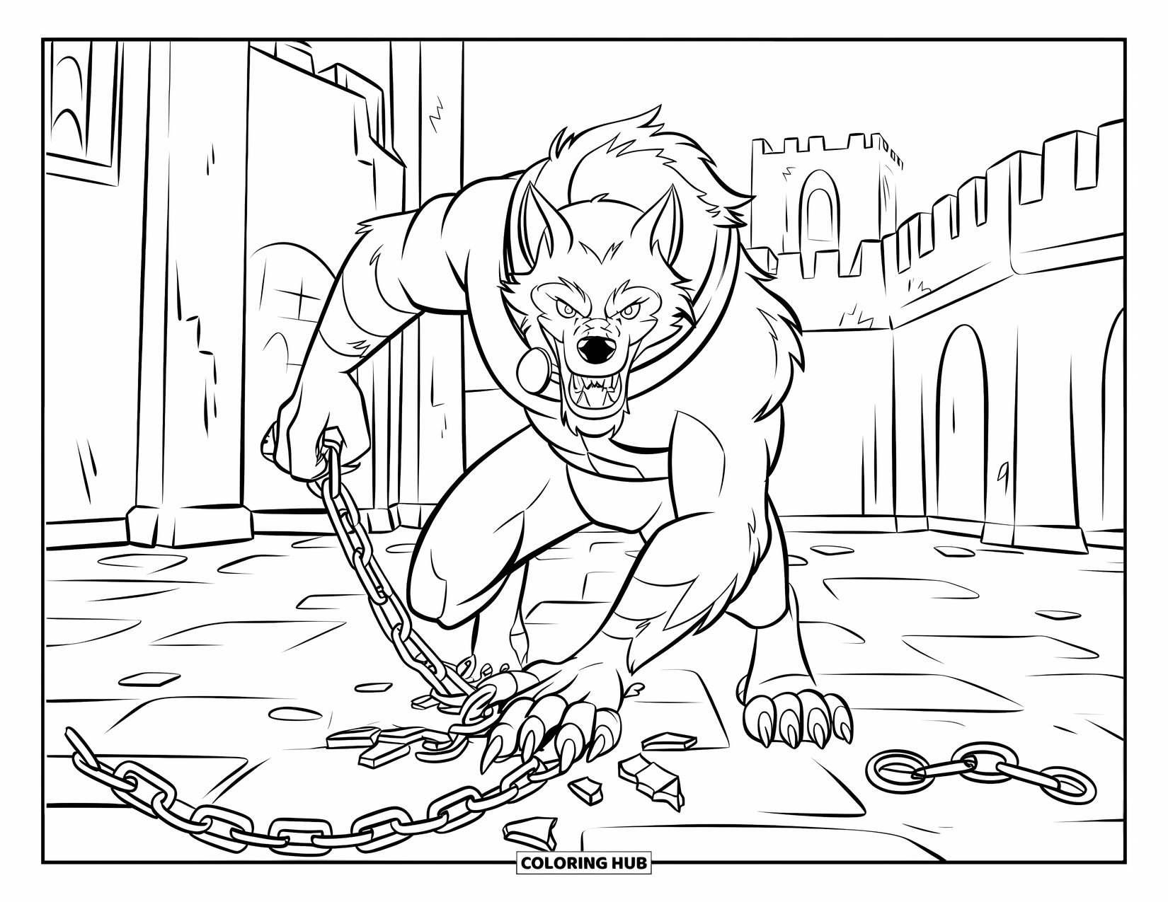 Werewolf Coloring Page for Kids: Powerful werewolf breaks loose from chains in a stone courtyard with arched towers
