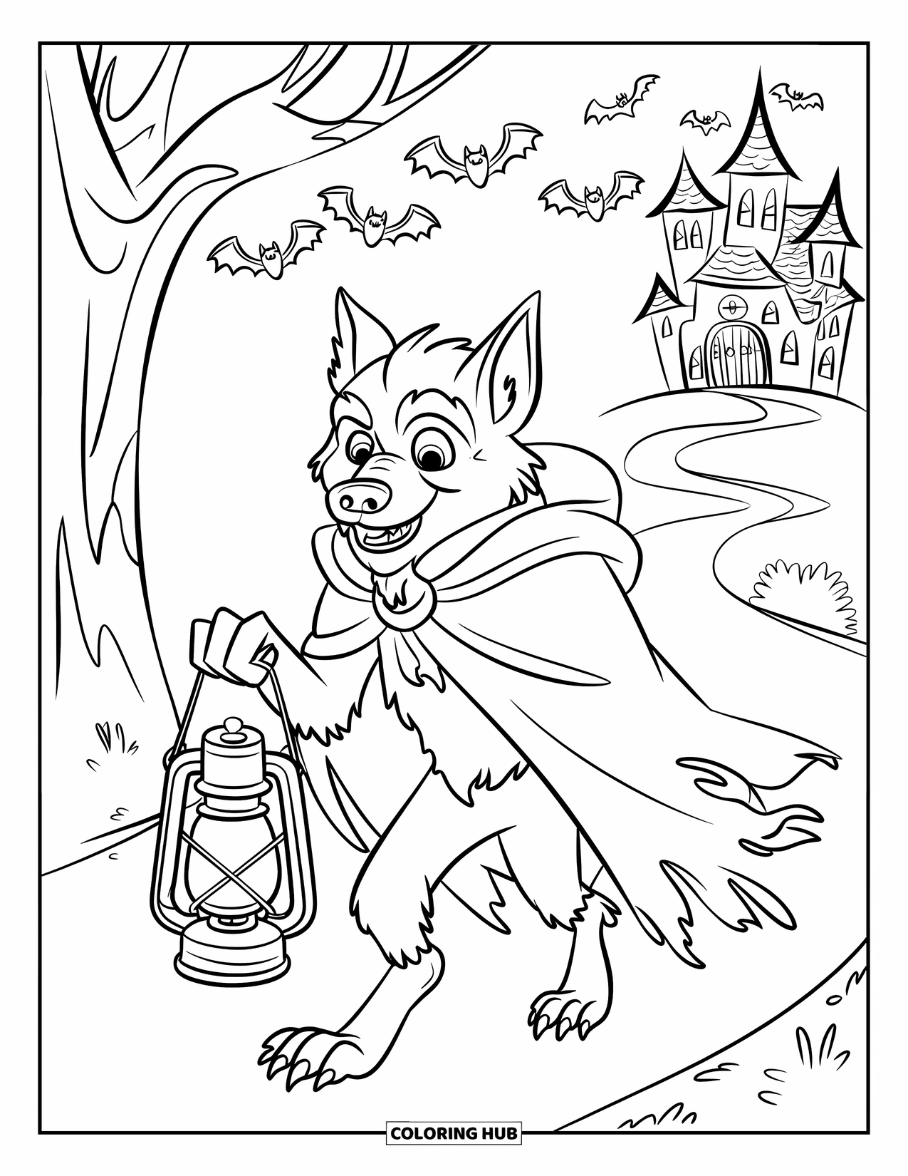 Werewolf Coloring Page for Kids: Smiling werewolf carries a lantern through a spooky forest path