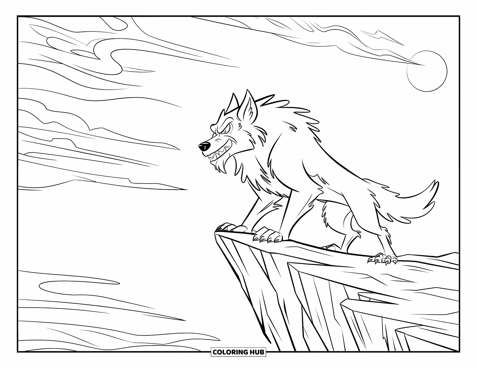 Werewolf Coloring Page for Kids: Snarling werewolf stands on a jagged cliff beneath a moonlit, swirling sky