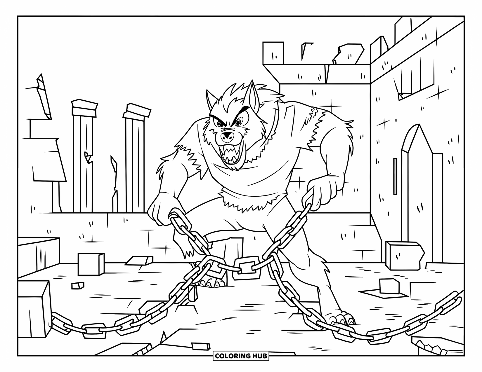 Werewolf Coloring Page for Kids: Werewolf breaks chains in a crumbling castle courtyard with tattered clothes and rubble