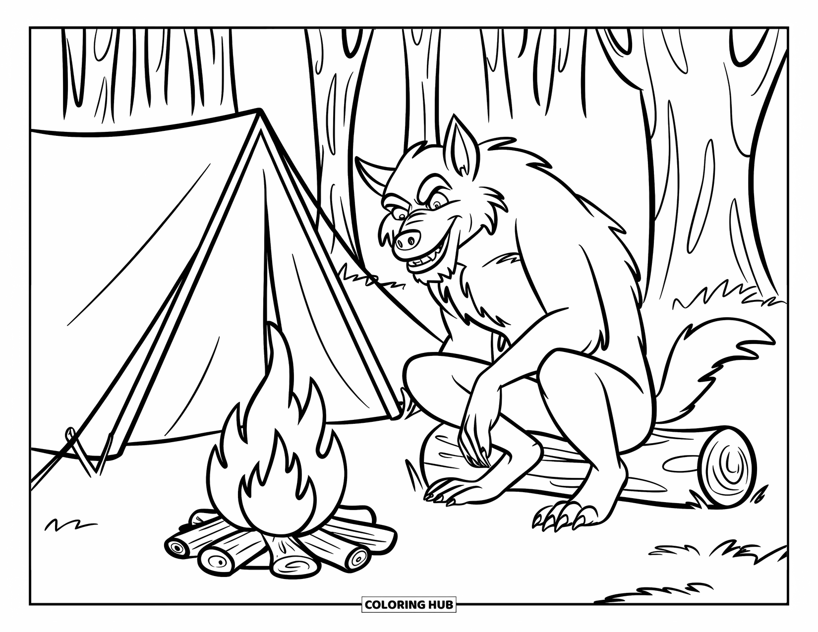 Werewolf Coloring Page for Kids: Werewolf camps quietly by a fire and tent in a peaceful forest