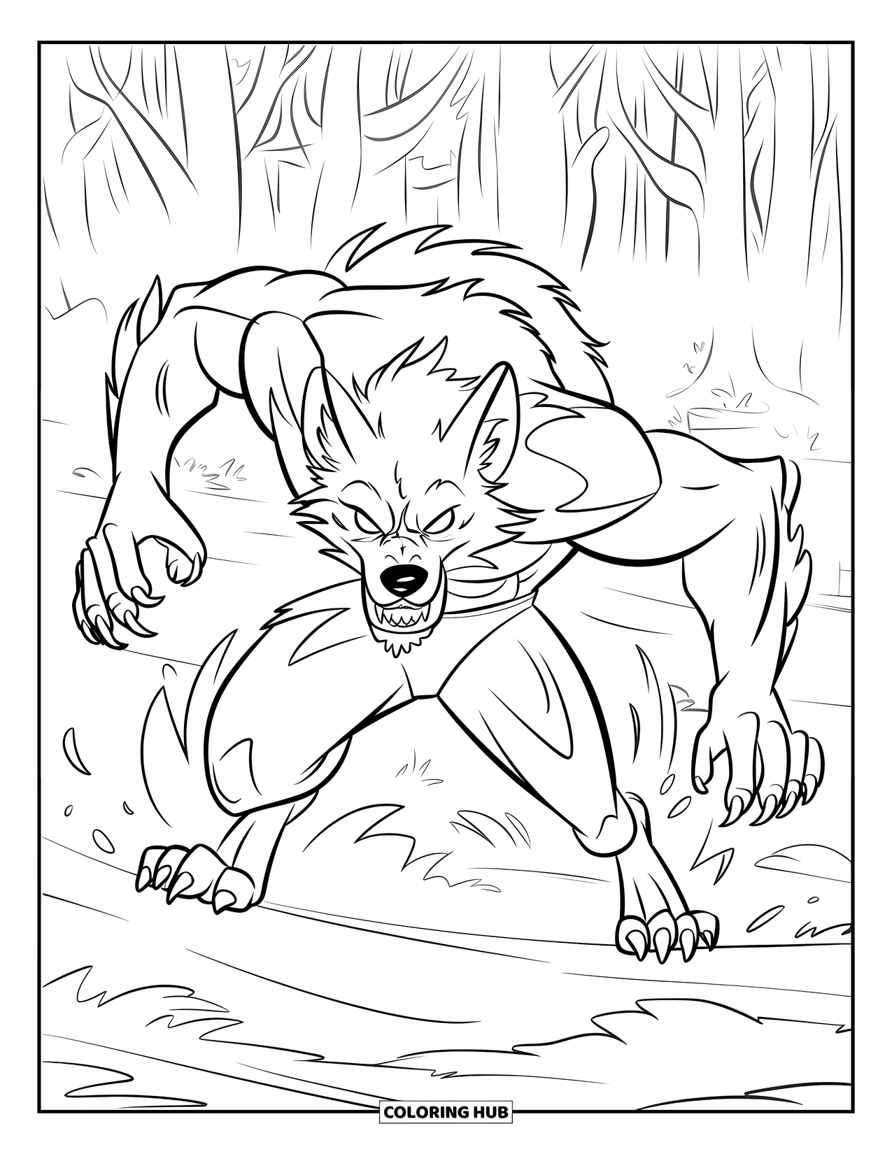 Werewolf Coloring Page for Kids: Werewolf charges through a foggy forest with glowing eyes and sharp claws