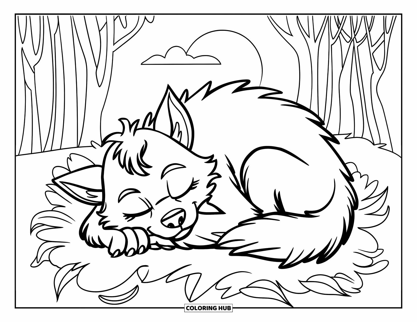 Werewolf Coloring Page for Kids: Werewolf curls up on leaves under a glowing moon in the woods