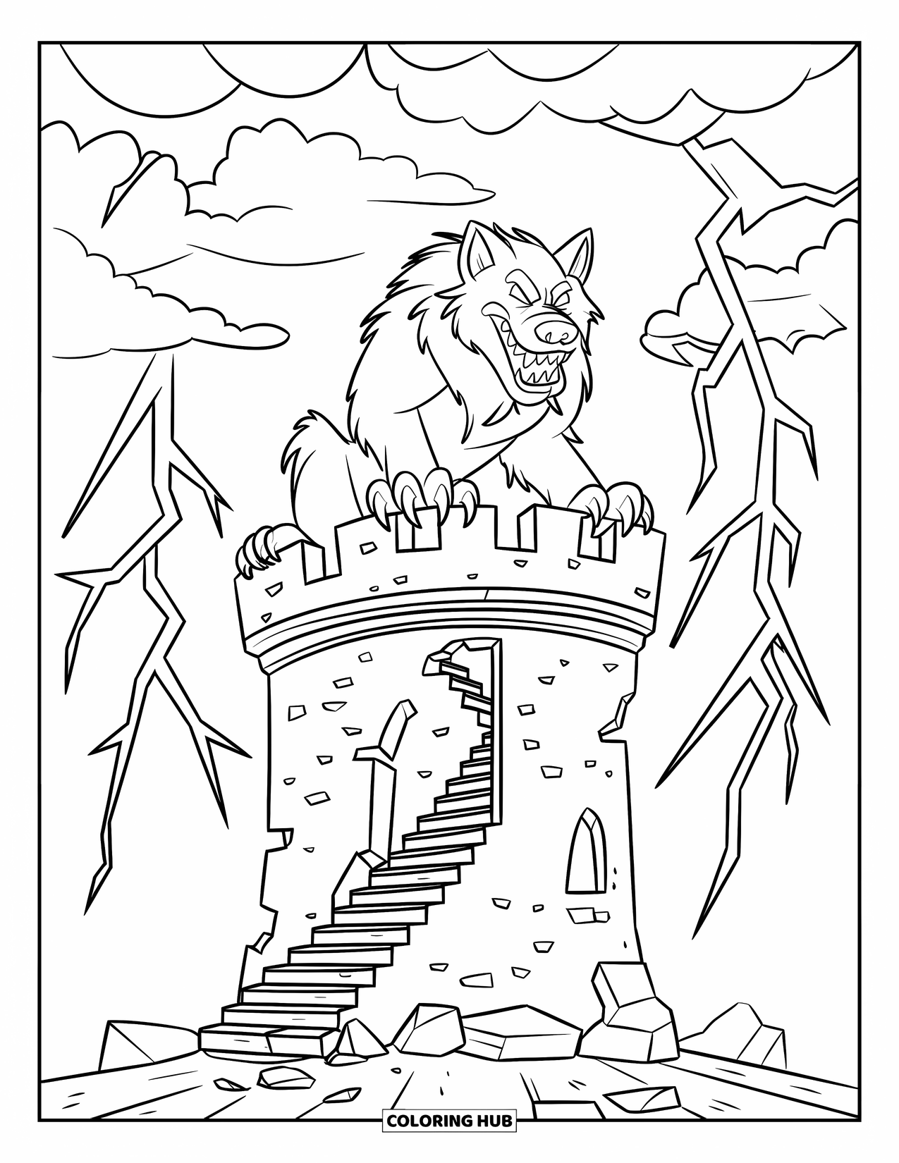 Werewolf Coloring Page for Kids: Werewolf howls on a crumbling tower beneath storm clouds and flashing bolts