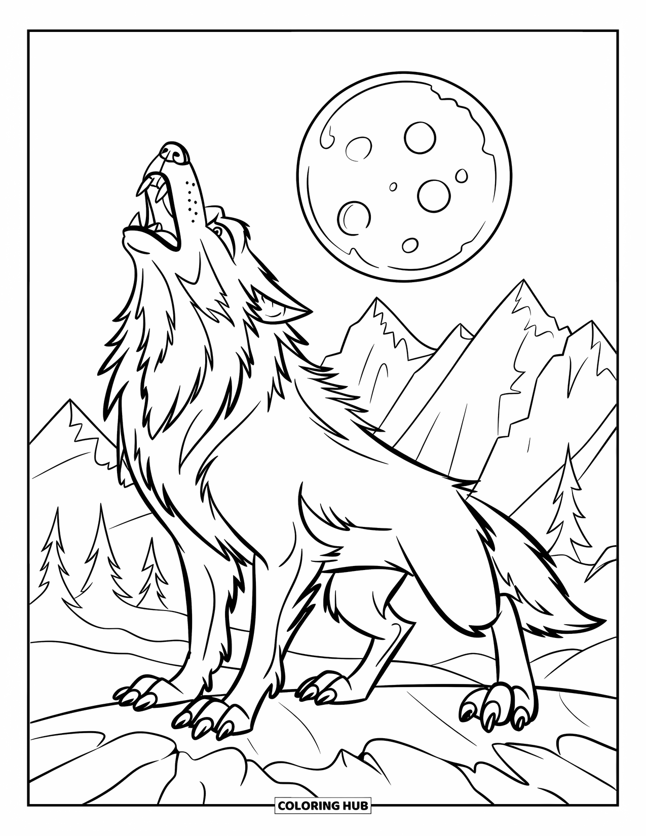 Werewolf Coloring Page for Kids: Werewolf howls under the full moon with snowy mountains in the distance