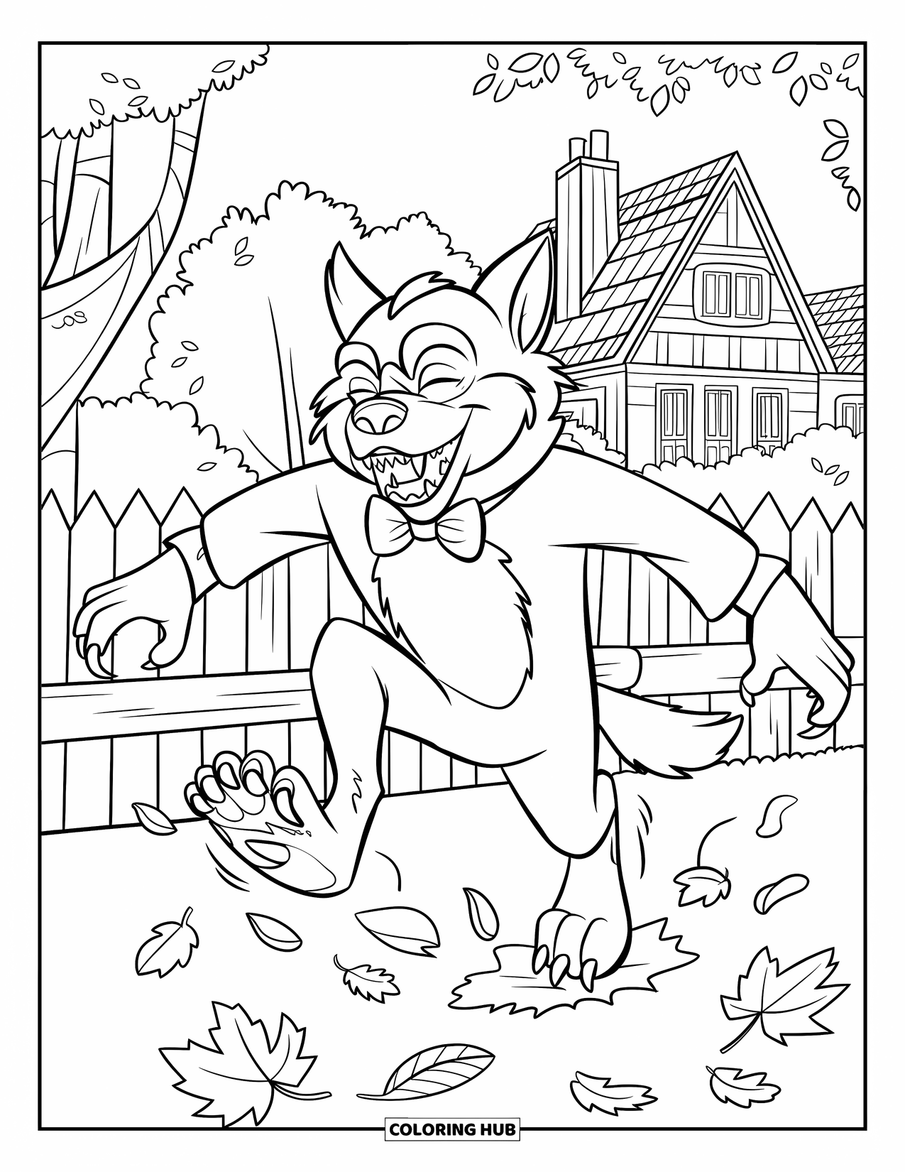 Werewolf Coloring Page for Kids: Werewolf in a bowtie jumps through leaves near a house with chimneys