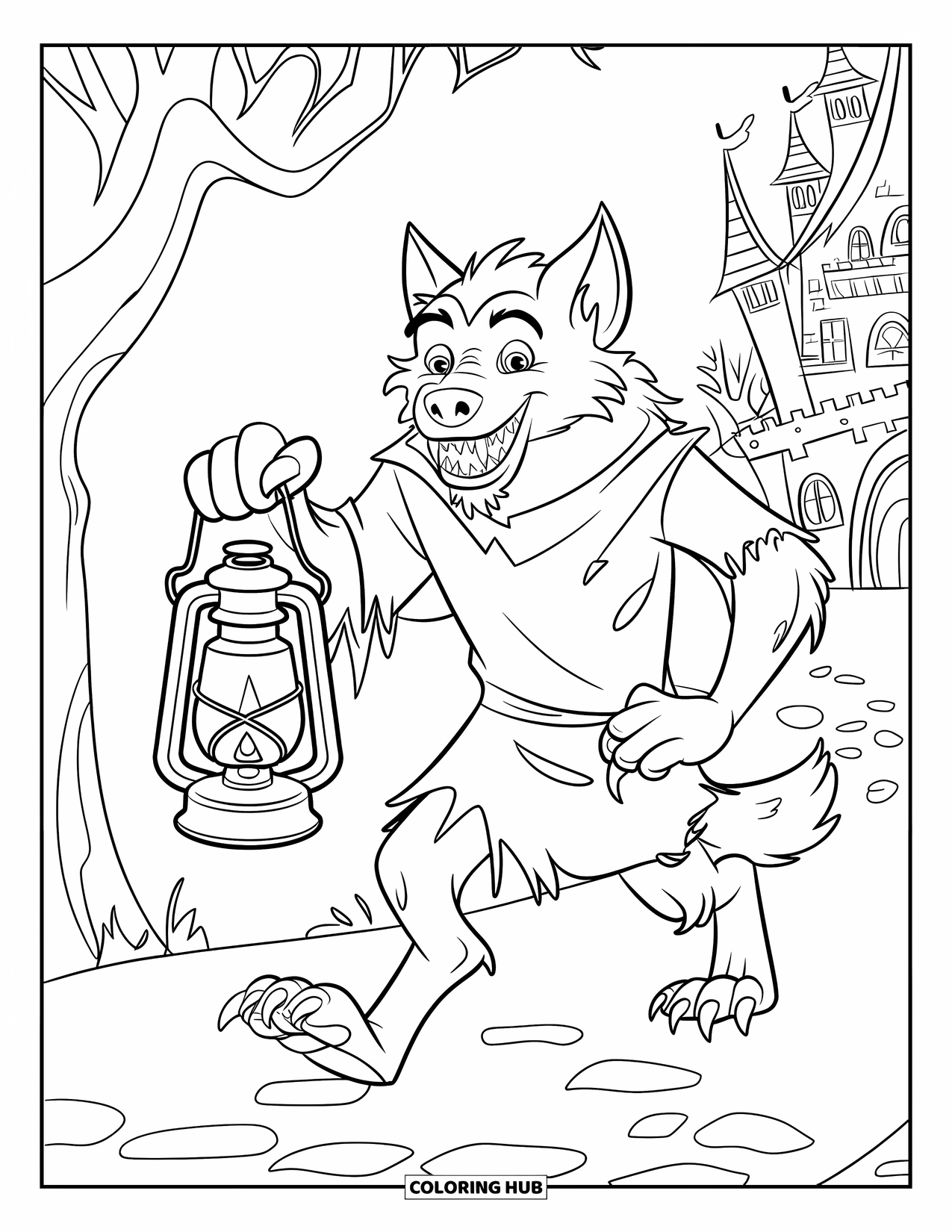Werewolf Coloring Page for Kids: Werewolf in a cloak lights the way past cobblestones and a haunted castle