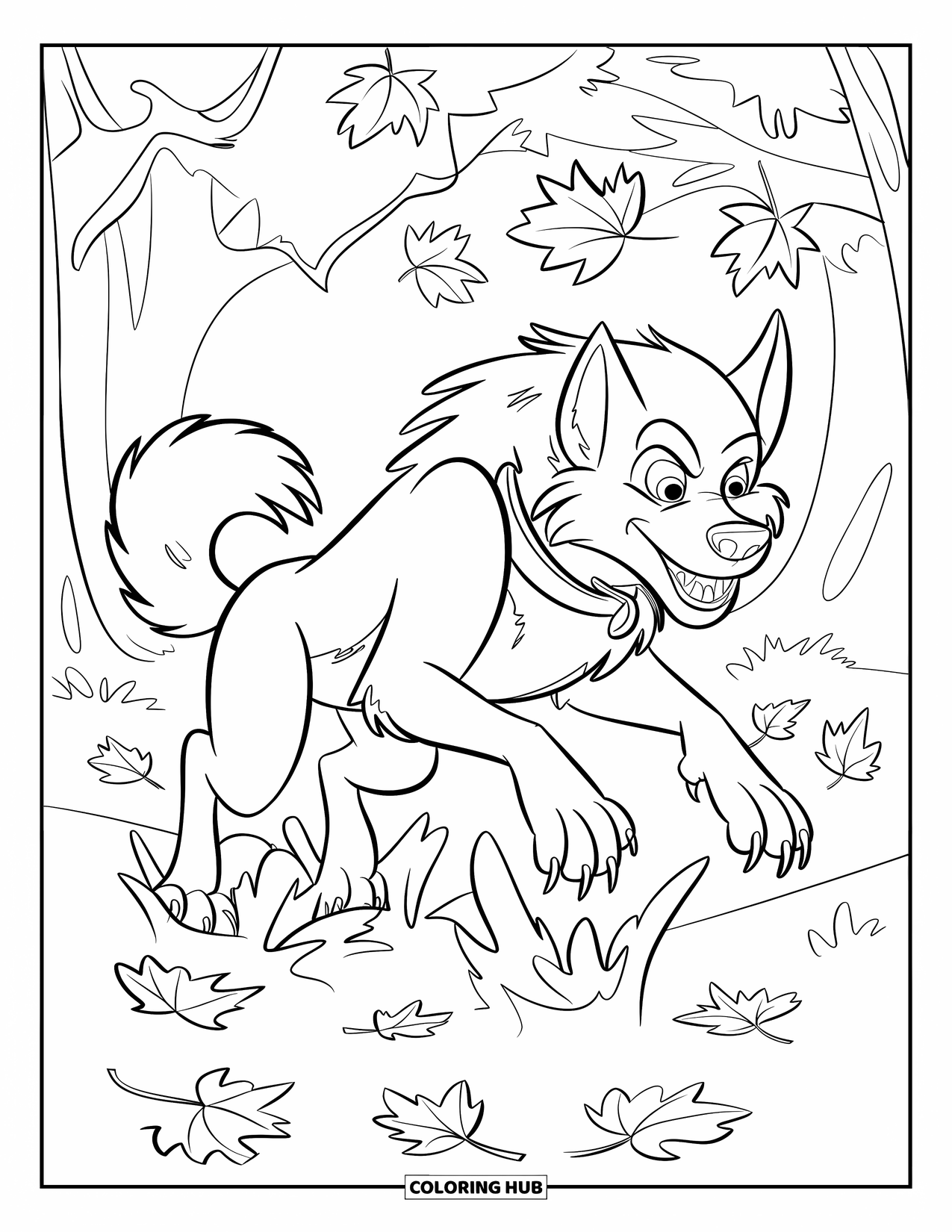 Werewolf Coloring Page for Kids: Werewolf leaps through falling autumn leaves in a colorful forest