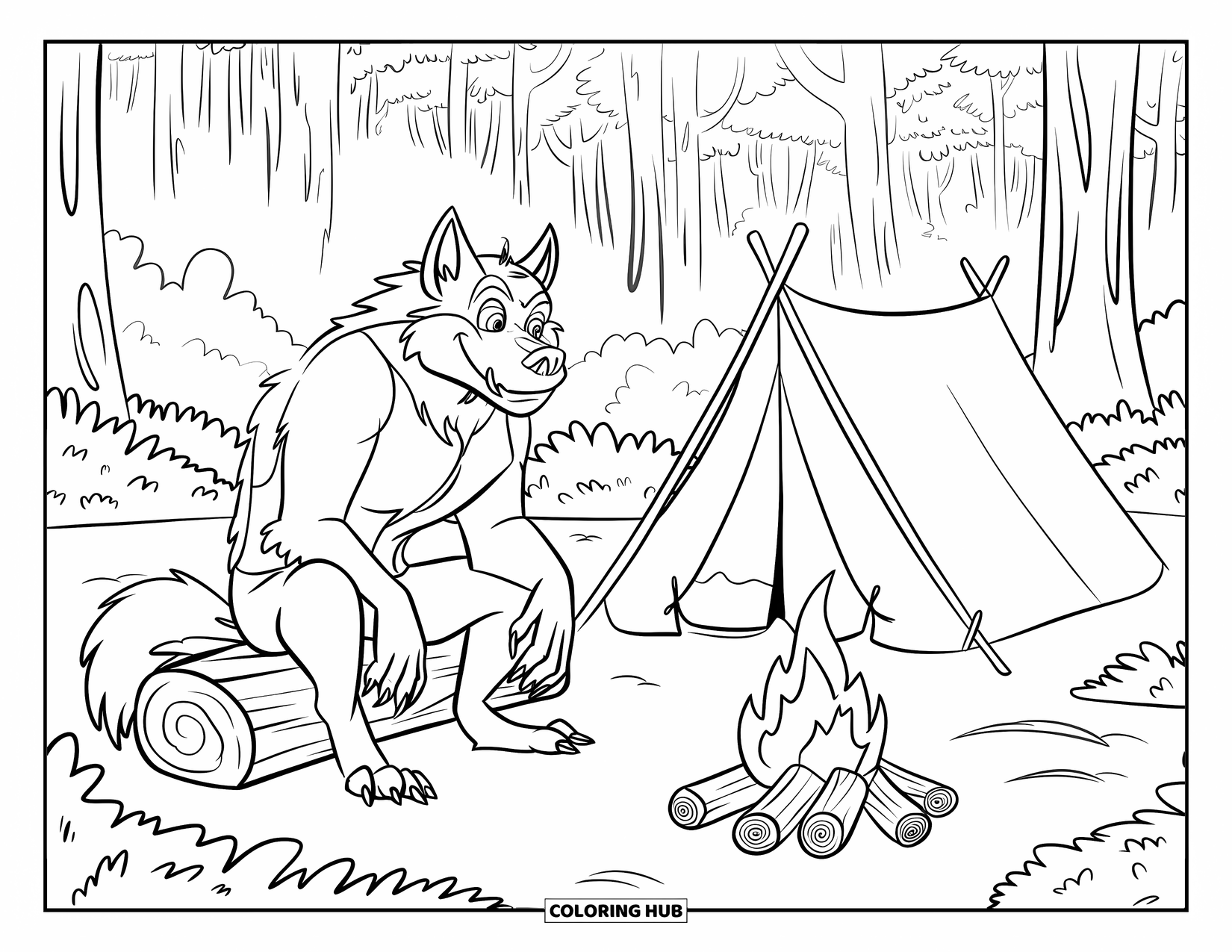 Werewolf Coloring Page for Kids: Werewolf relaxes on a log with a tent and campfire among tall trees