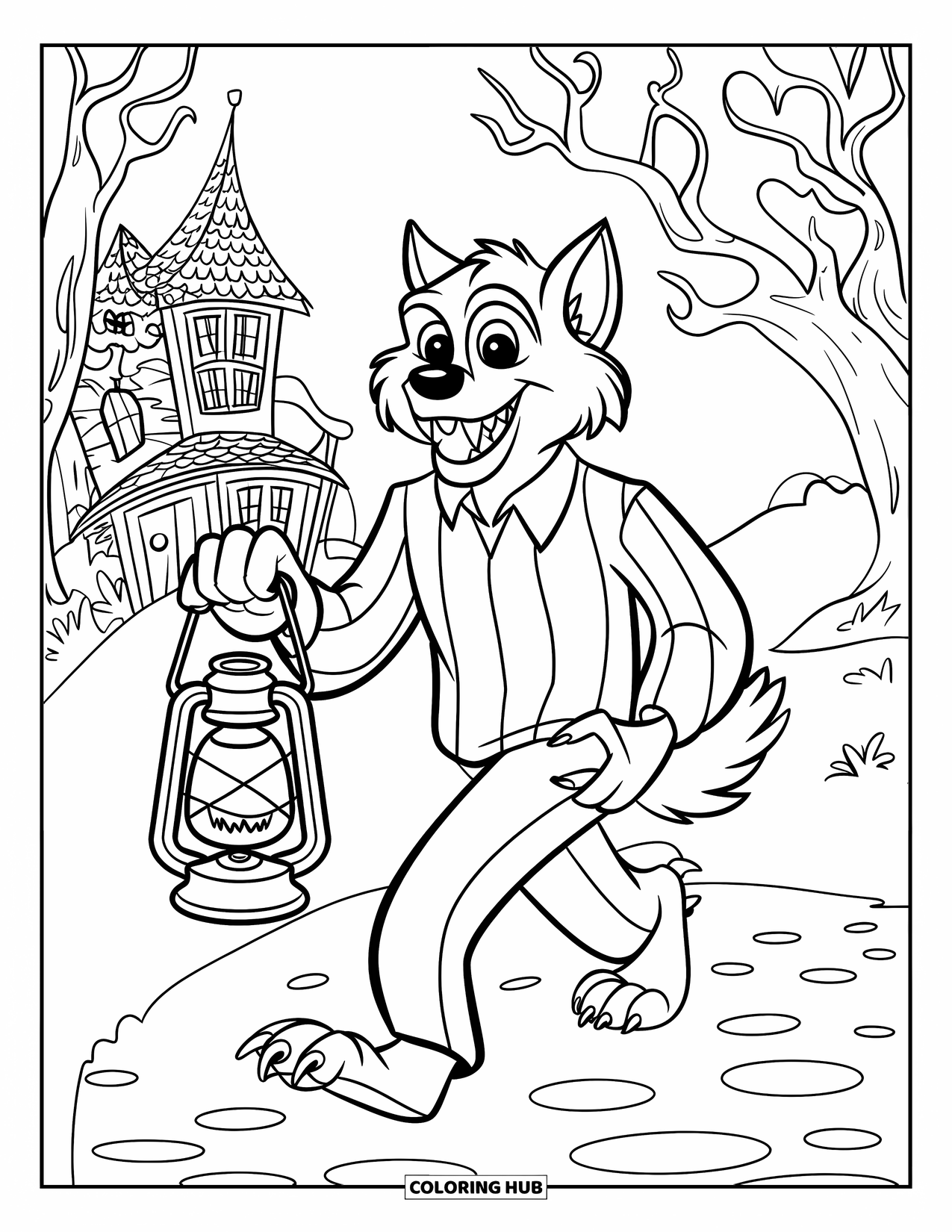 Werewolf Coloring Page for Kids: Werewolf smiles while lighting the path near a haunted house