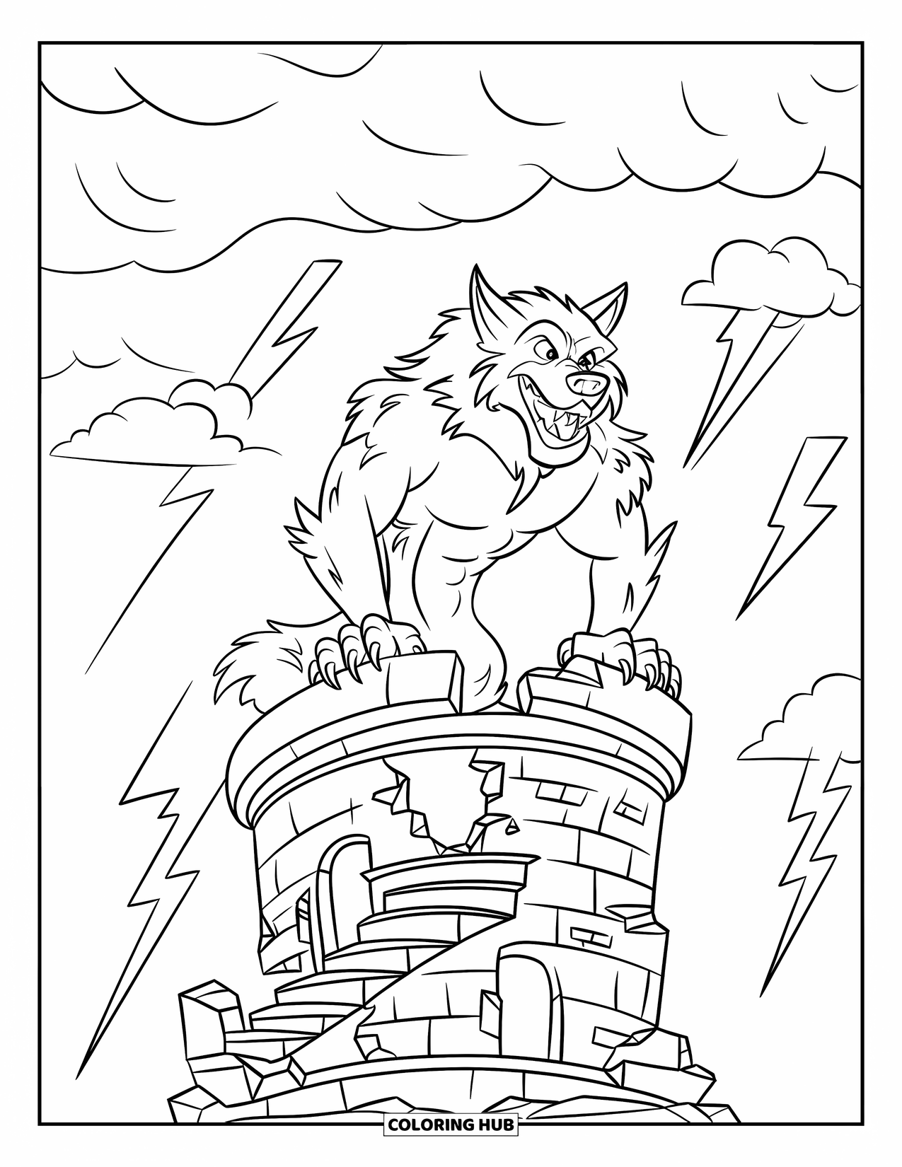 Werewolf Coloring Page for Kids: Werewolf stands atop a ruined tower under a lightning-filled sky