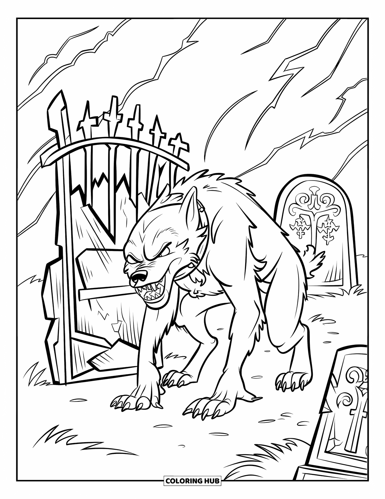 Werewolf Coloring Page for Kids: Werewolf stands in a stormy graveyard with broken gates and flashes of lightning