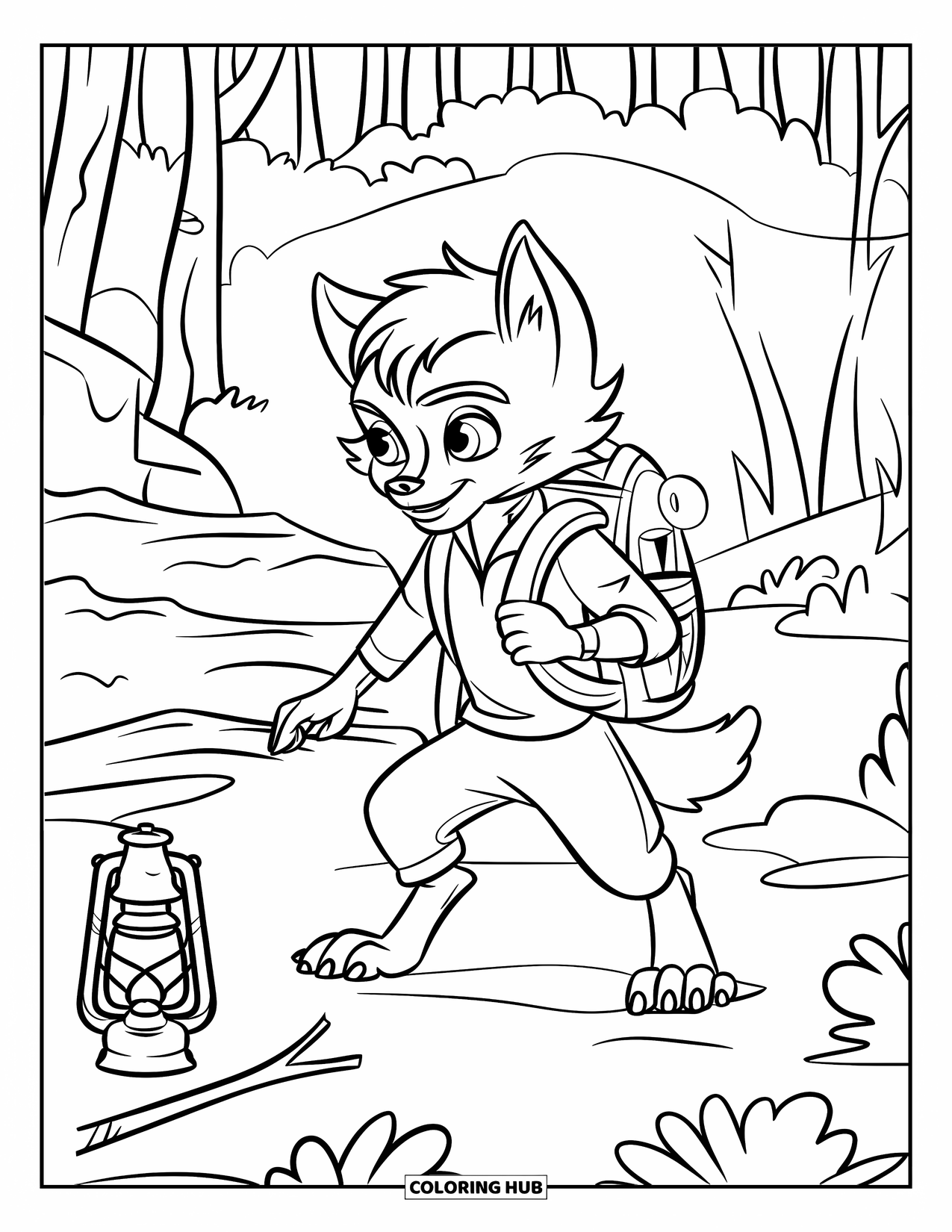 Werewolf Coloring Page for Kids: Werewolf stands on rocky ground with backpack, near lantern and stick