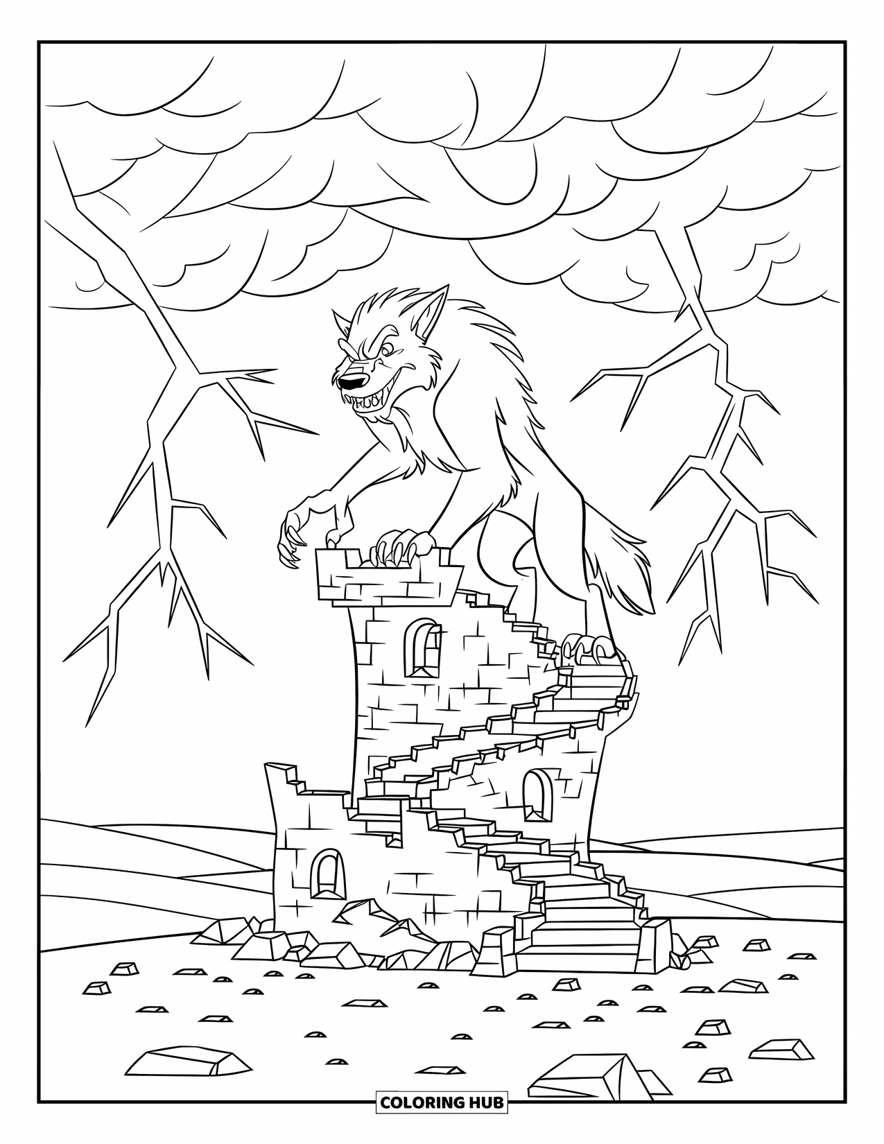 Werewolf Coloring Page for Kids: Werewolf with tangled hair stands high on a ruined tower in the storm