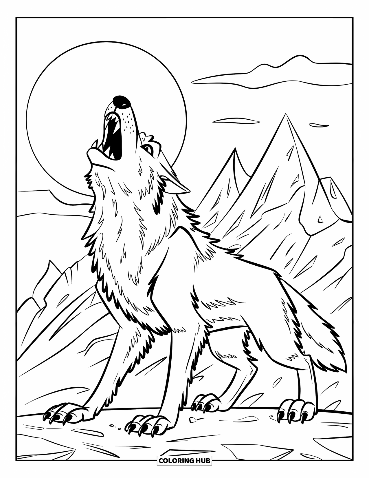 Werewolf Coloring Page for Kids: Wild-furred werewolf howls near jagged peaks beneath a glowing moon