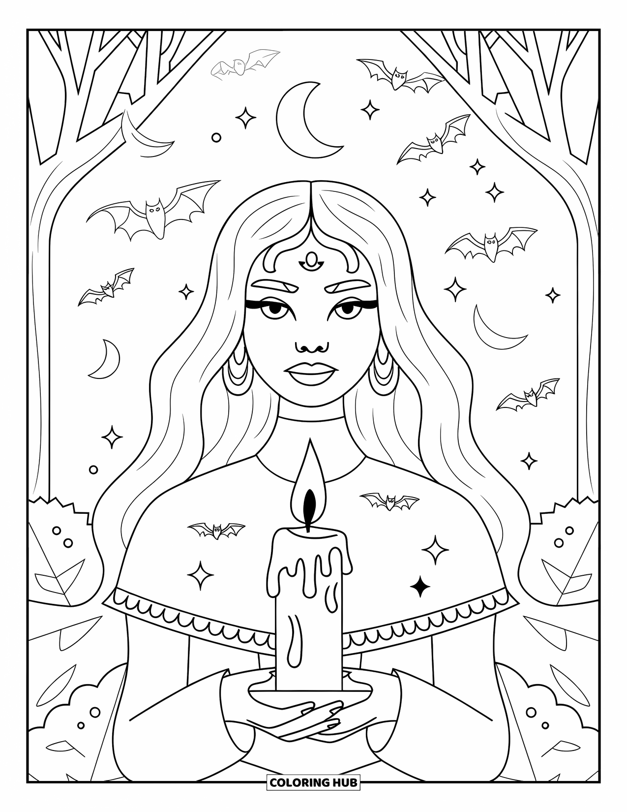 Witch Coloring Page for Adults: A candle-holding witch stands among bats and moons in a quiet forest
