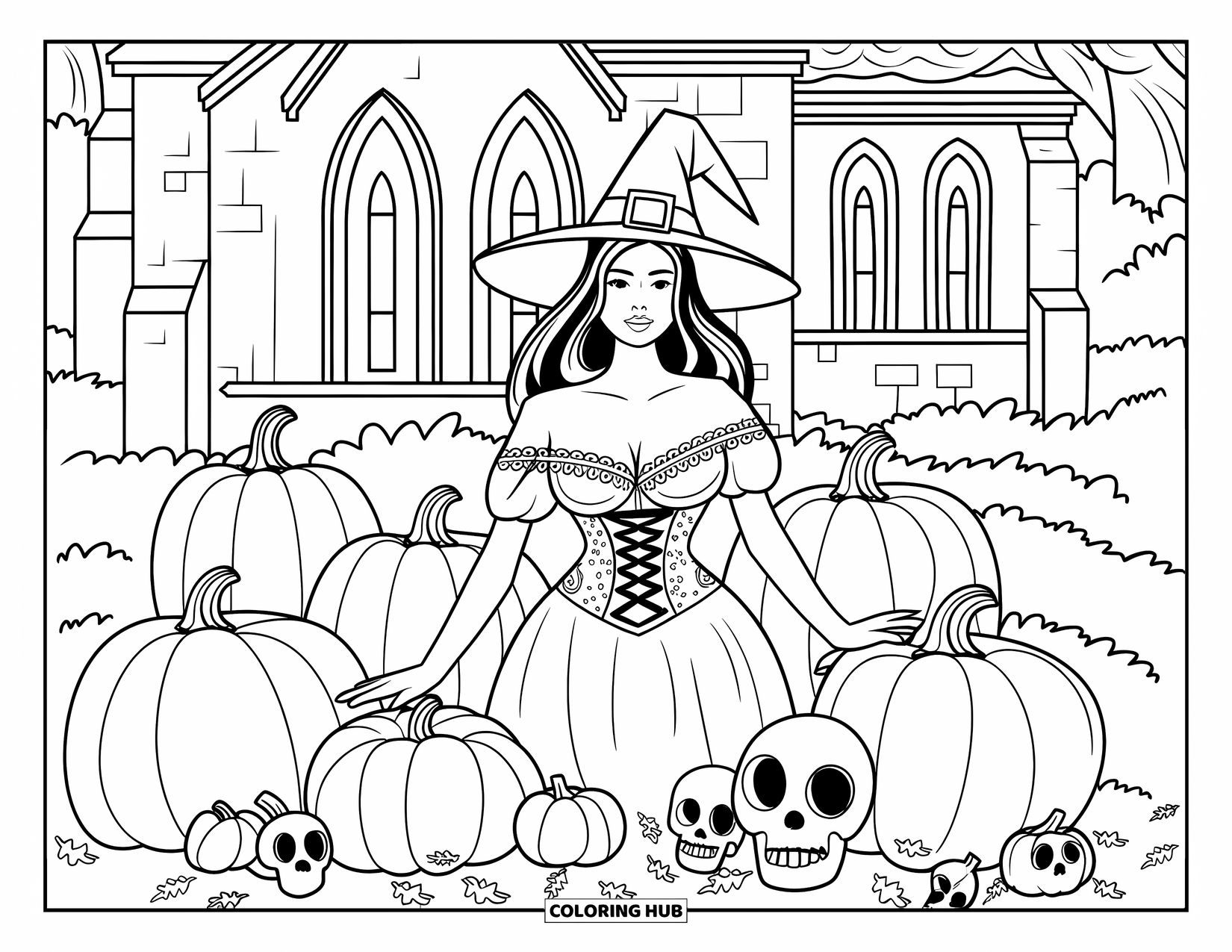 Witch Coloring Page for Adults: A corset-wearing witch stands near pumpkins and skulls by a gothic chapel