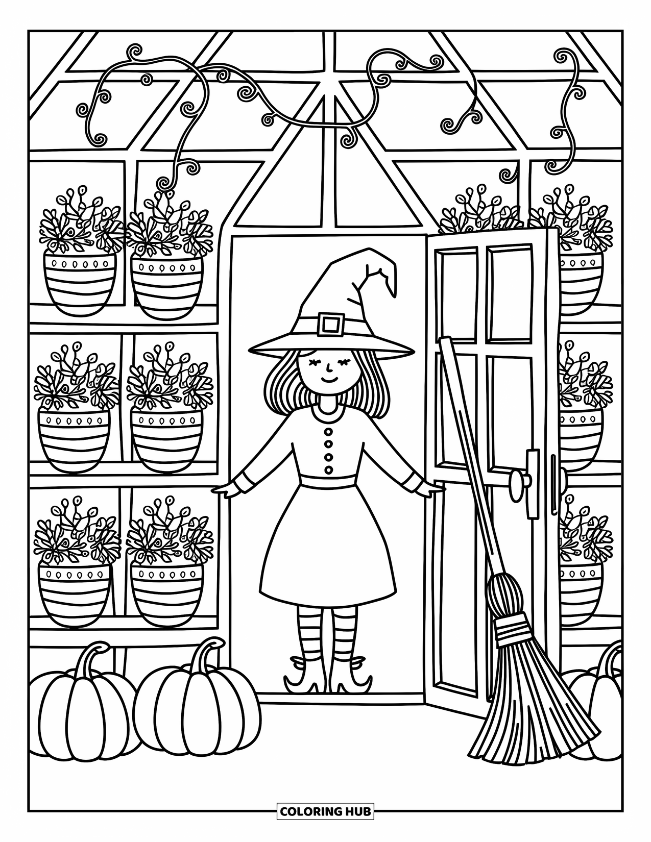 Witch Coloring Page for Adults: A cozy greenhouse witch smiles as her broom leans near pumpkins and playful vines