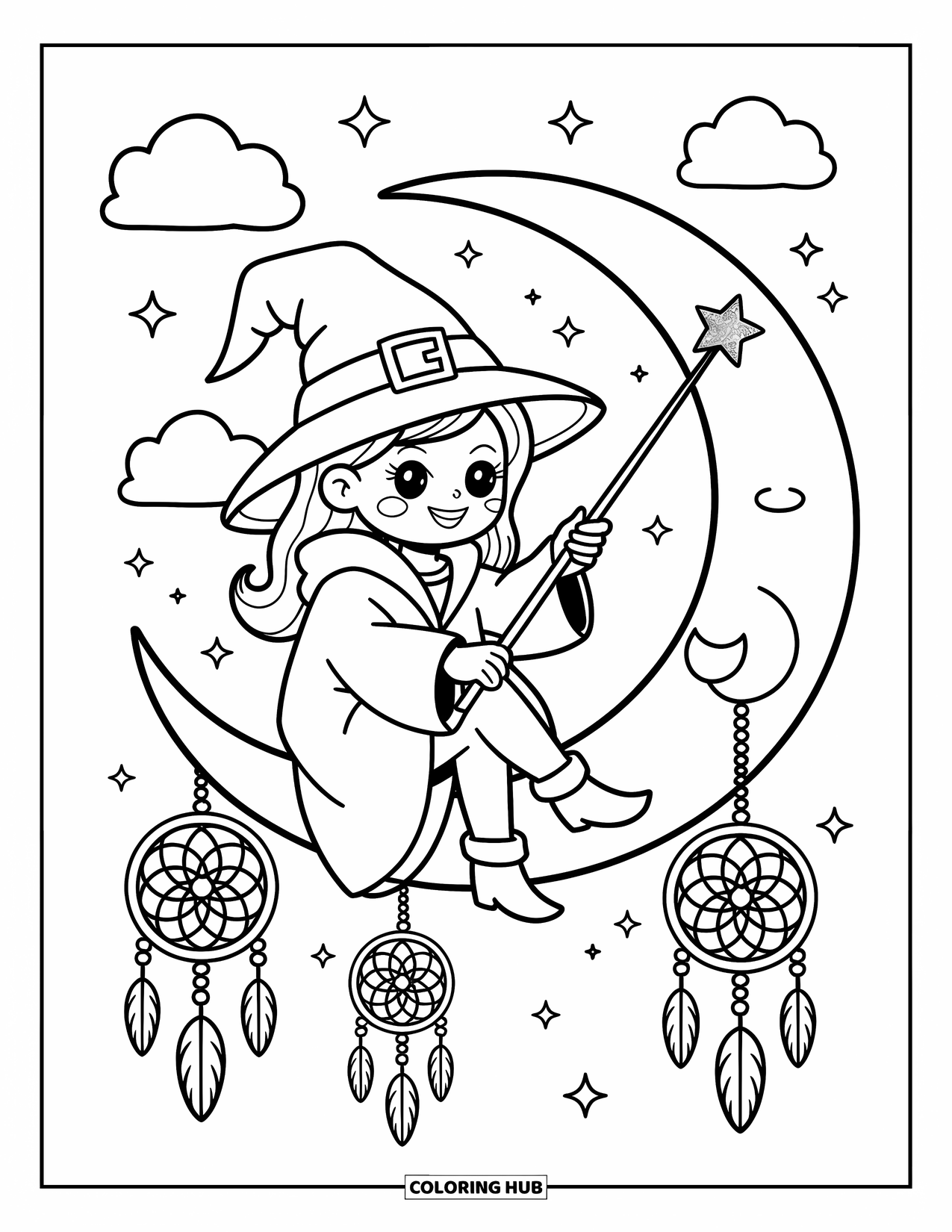Witch Coloring Page for Adults: A cozy witch paints stars in the sky while dangling her feet from the moon