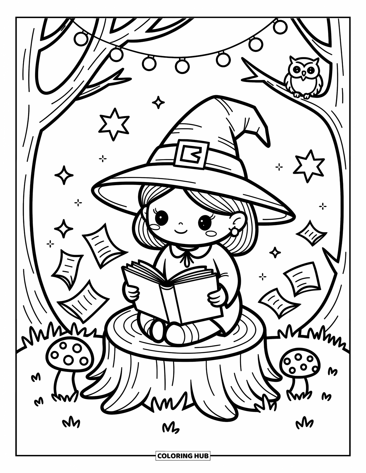 Witch Coloring Page for Adults: A curious witch reads her spellbook on a tree stump surrounded by mushrooms and fairy lights