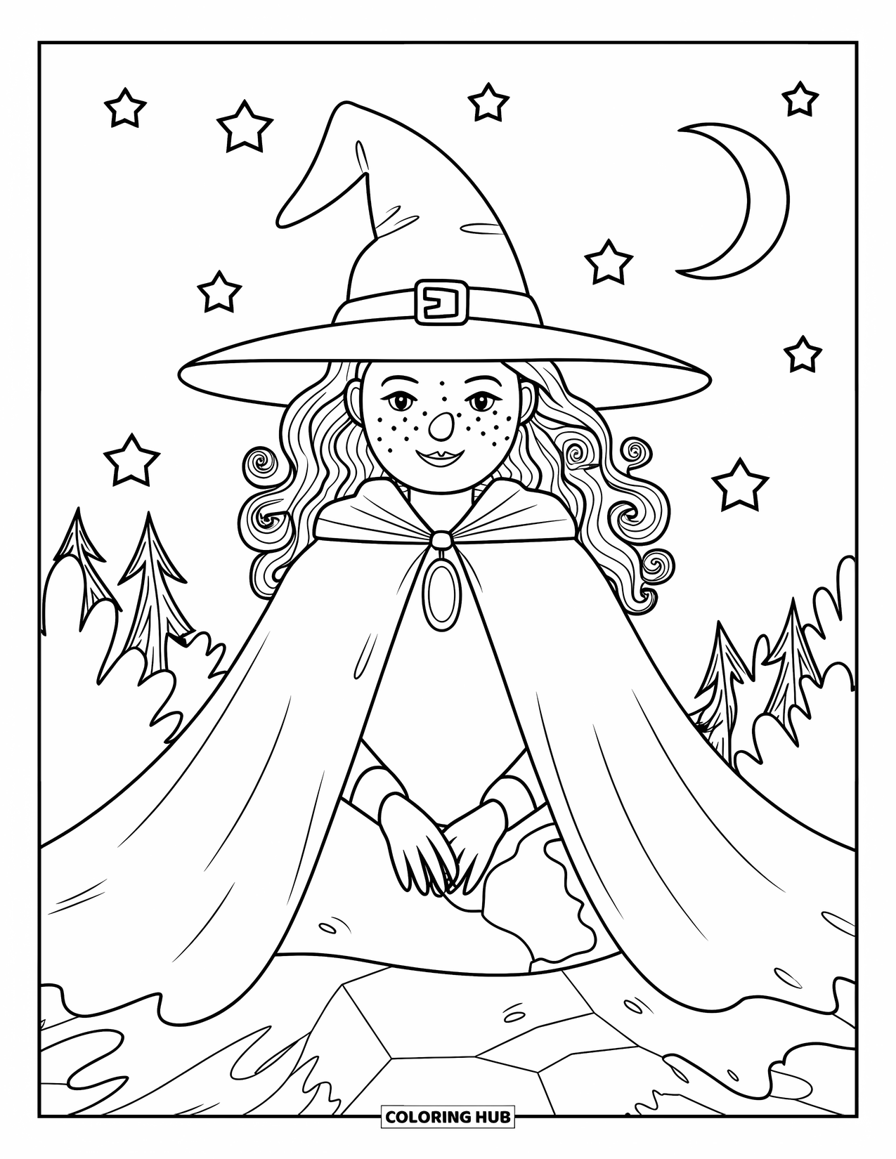 Witch Coloring Page for Adults: A curly-haired witch with freckles rests on a rock beneath stars and a crescent moon