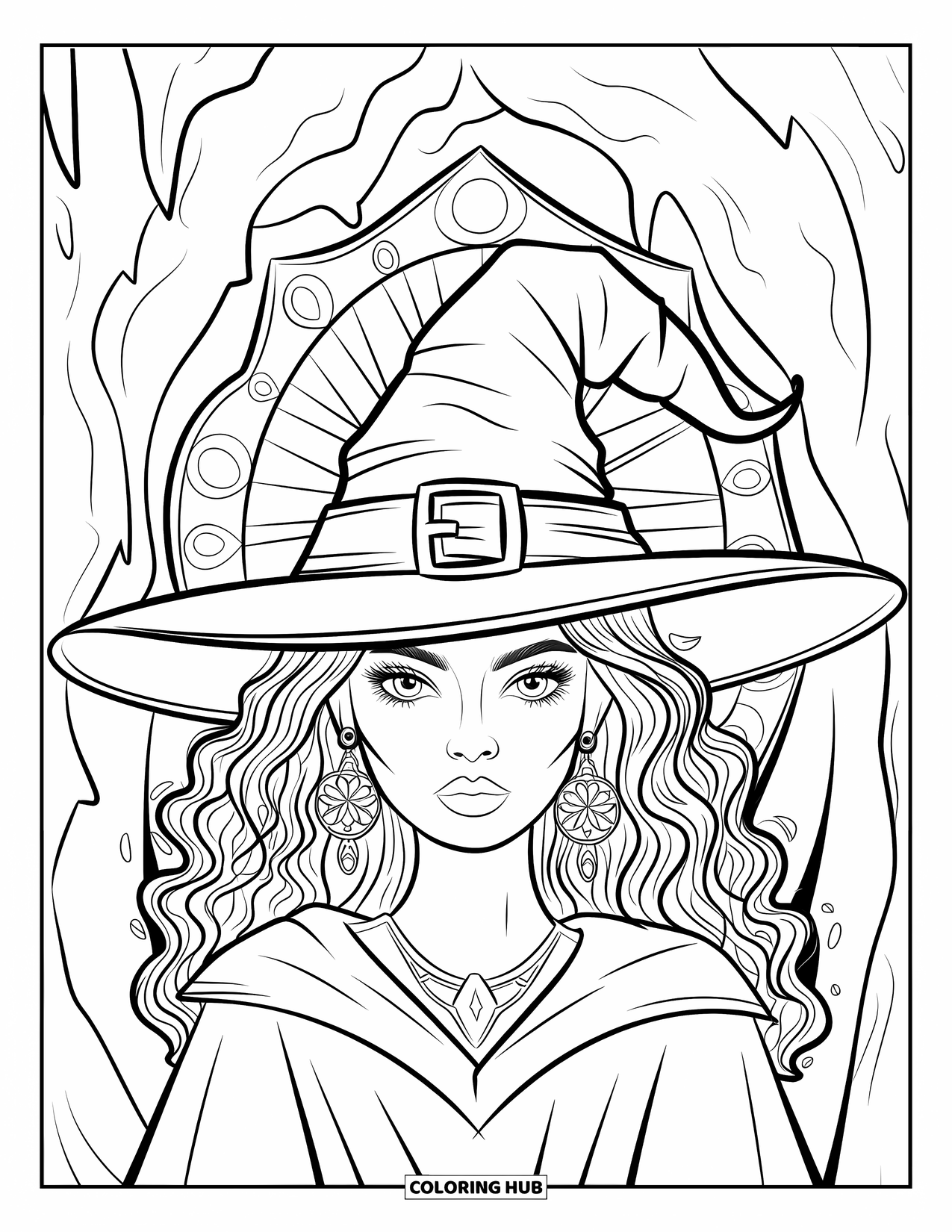Witch Coloring Page for Adults: A curly-haired witch with gemstone earrings sits in a mystical cave